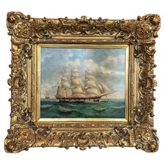 Vintage Robinson Jones Framed Oil Painting on Canvas of Sailing Vessel