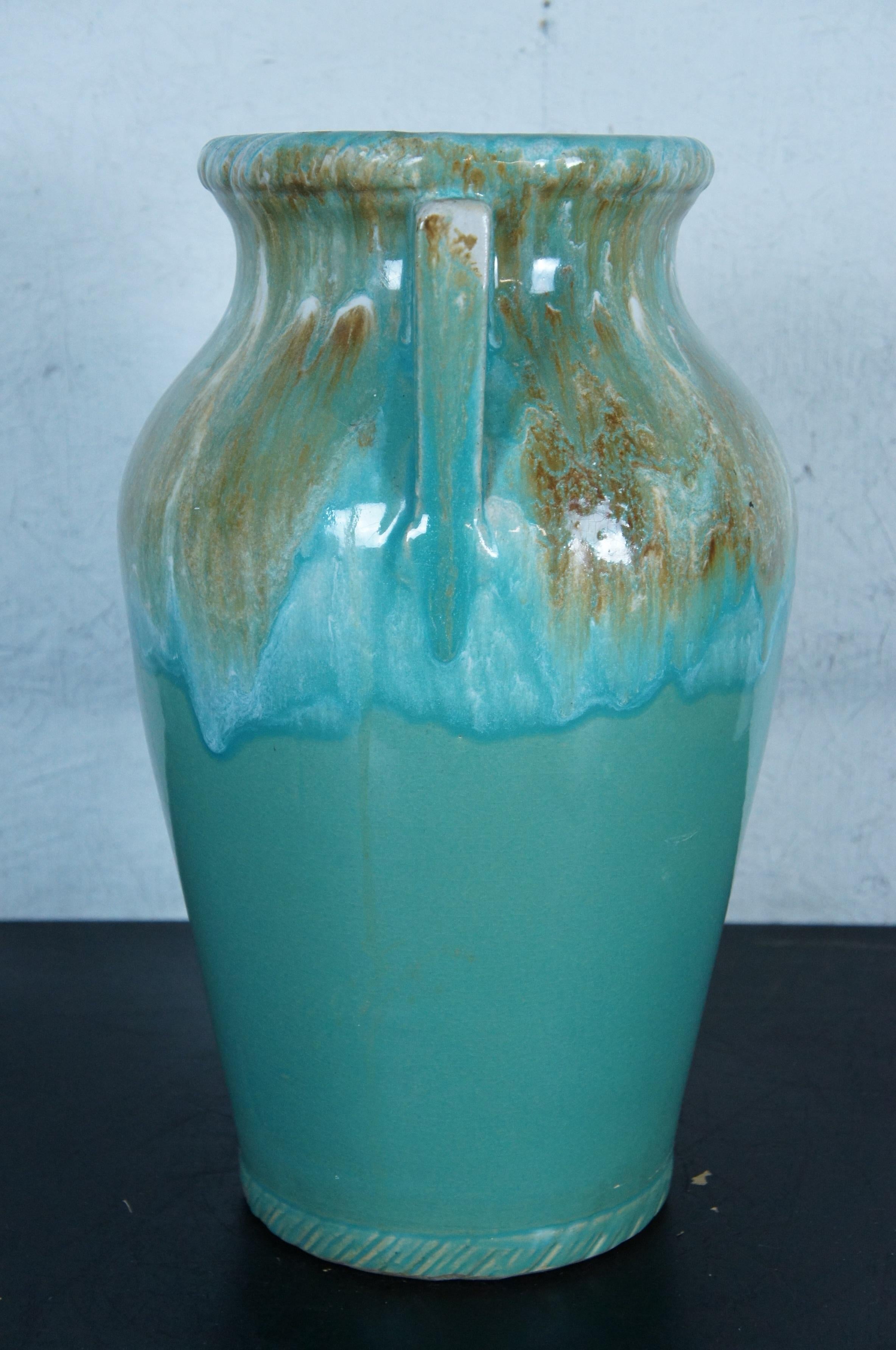 20th Century Robinson Ransbottom Art Deco Turquoise Drip Glaze Floor Vase Mantel Urn 18