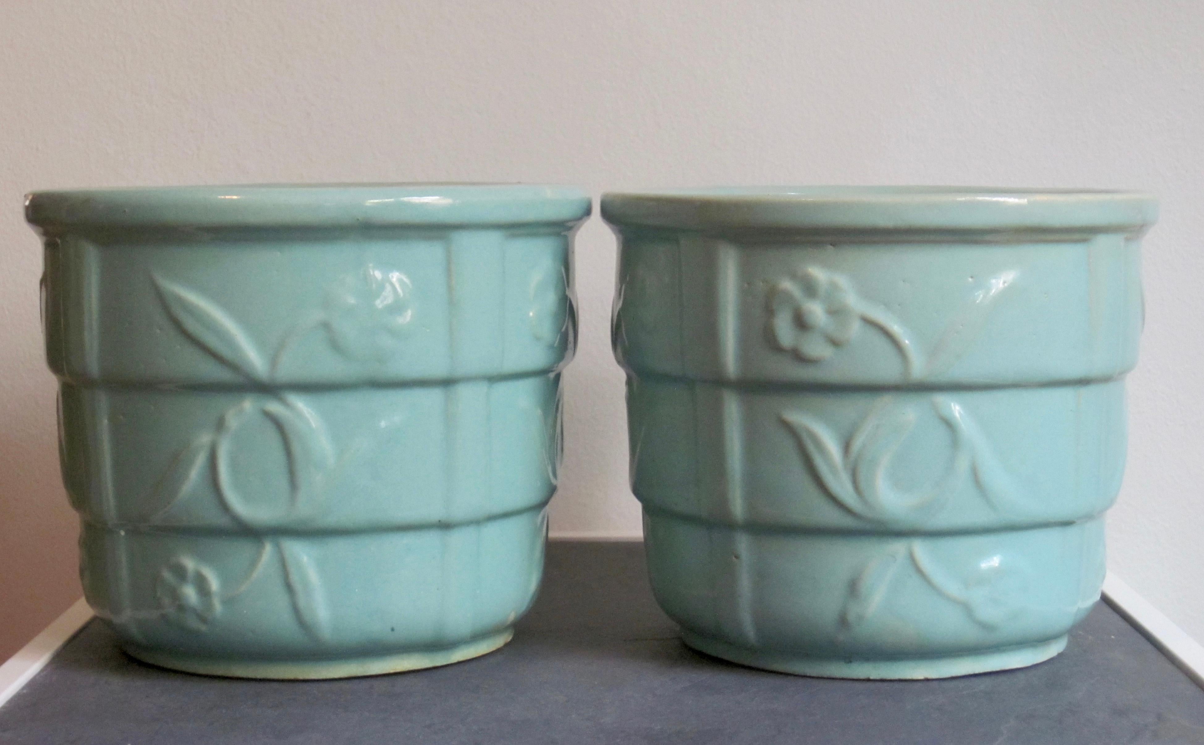 Robinson Ransbottom Pottery blue-green art deco style stepped flower pot jardinare pair.