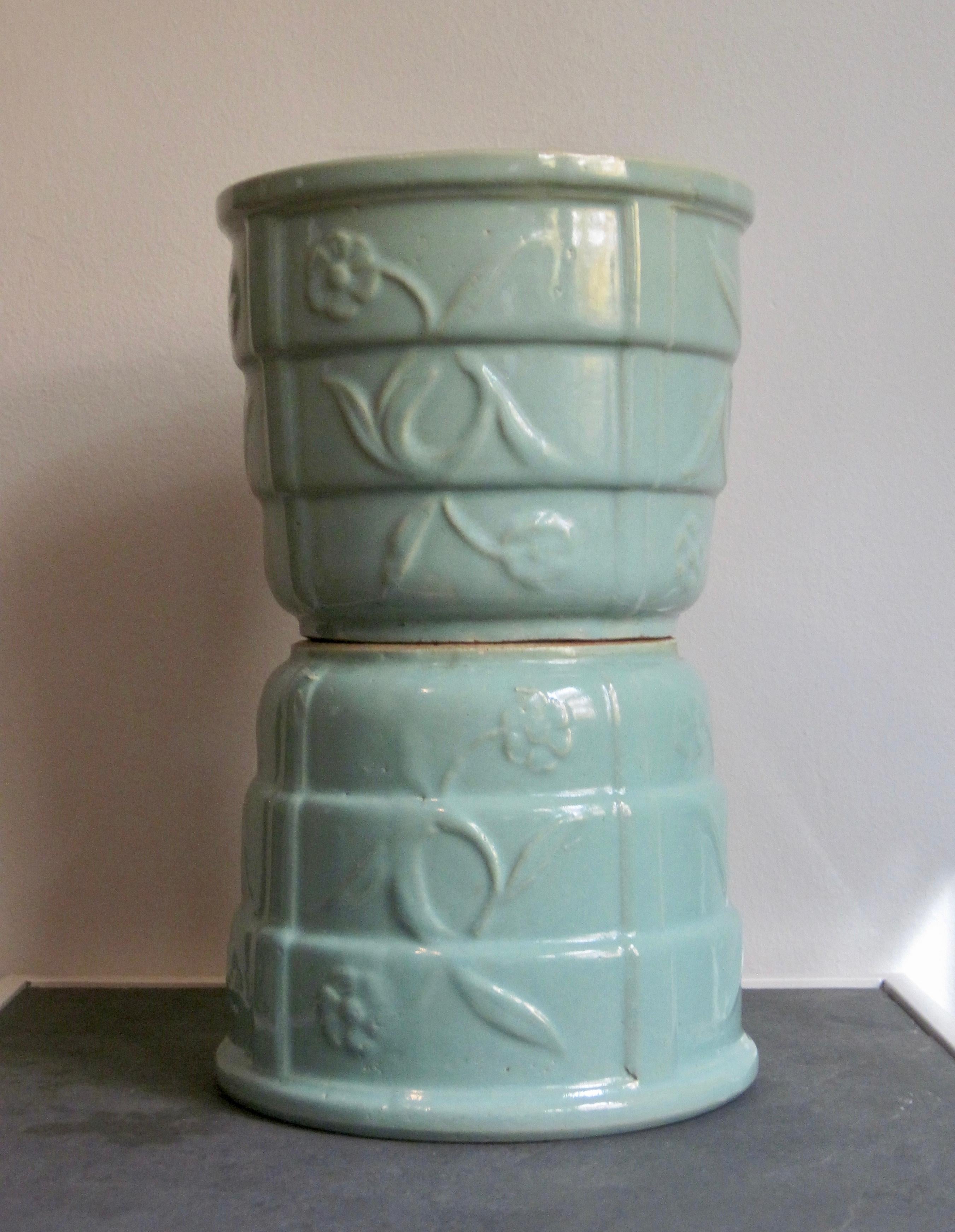 Art Deco Robinson Ransbottom Blue Green Flower Pot Jardiniere Pair For Sale