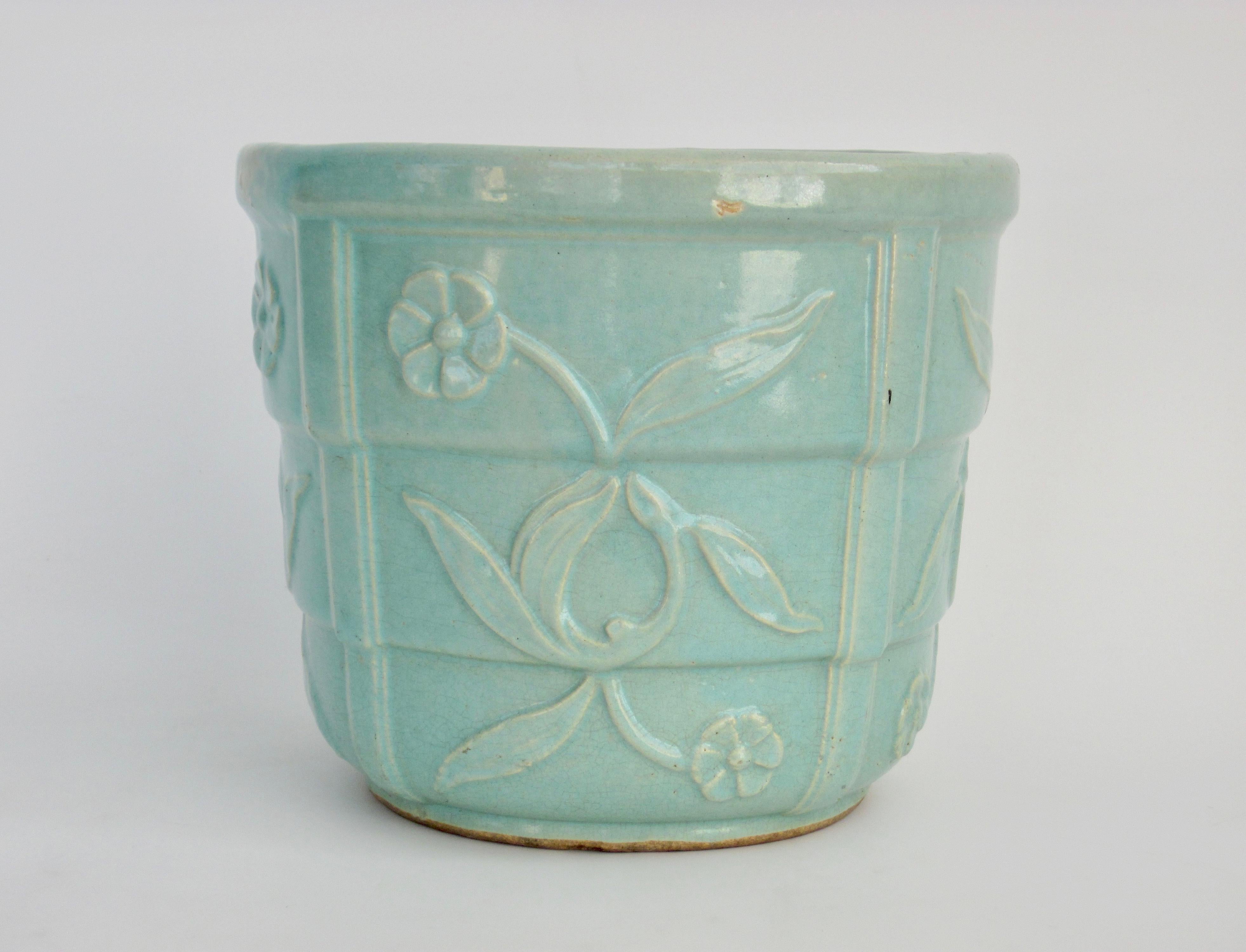 Robinson Ransbottom Pottery blue-green art deco style stepped flower pot. Interior dimension measures 9.5