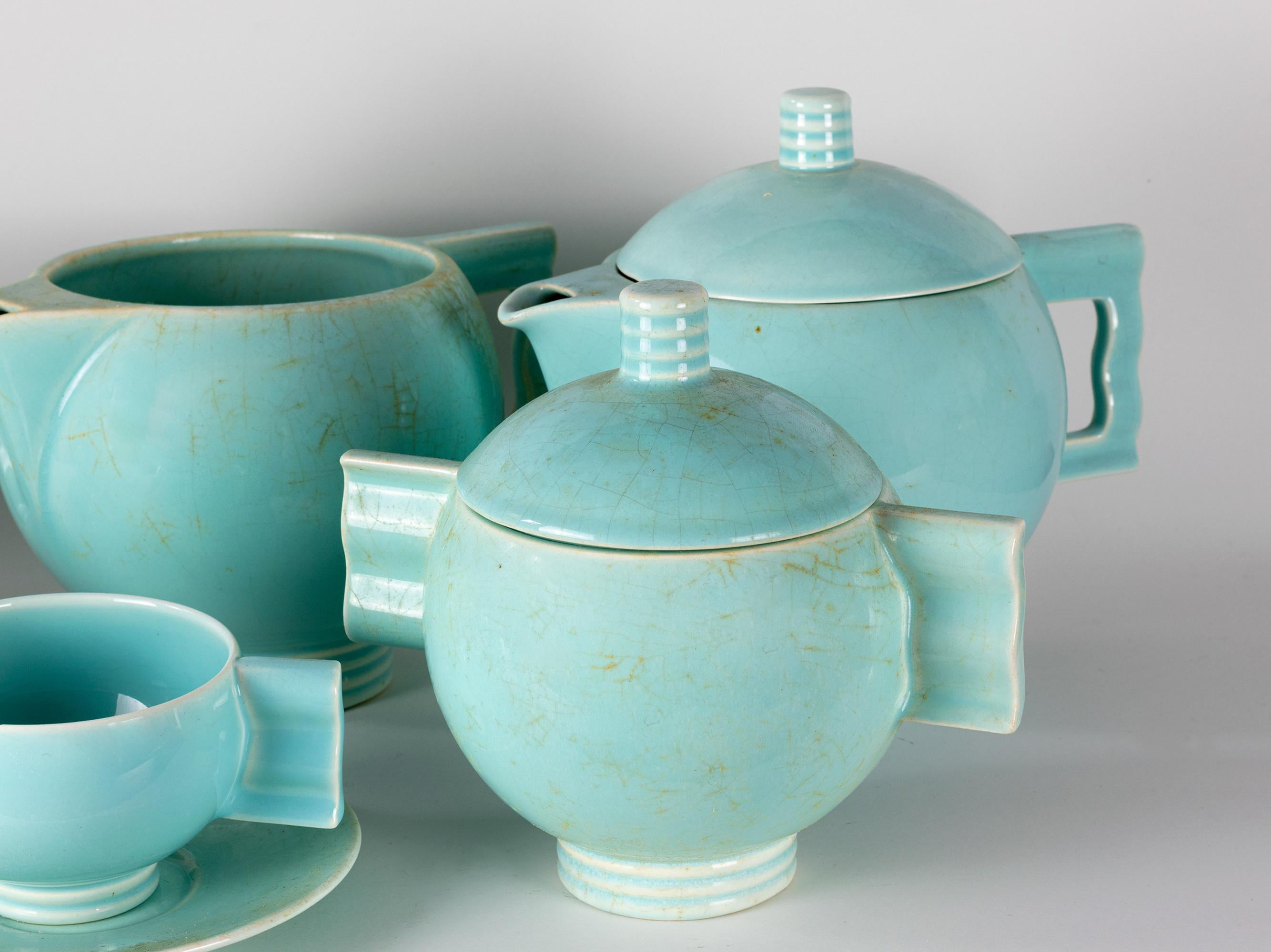 French Robj Glazed Earthenware Tea Set, Art Deco For Sale
