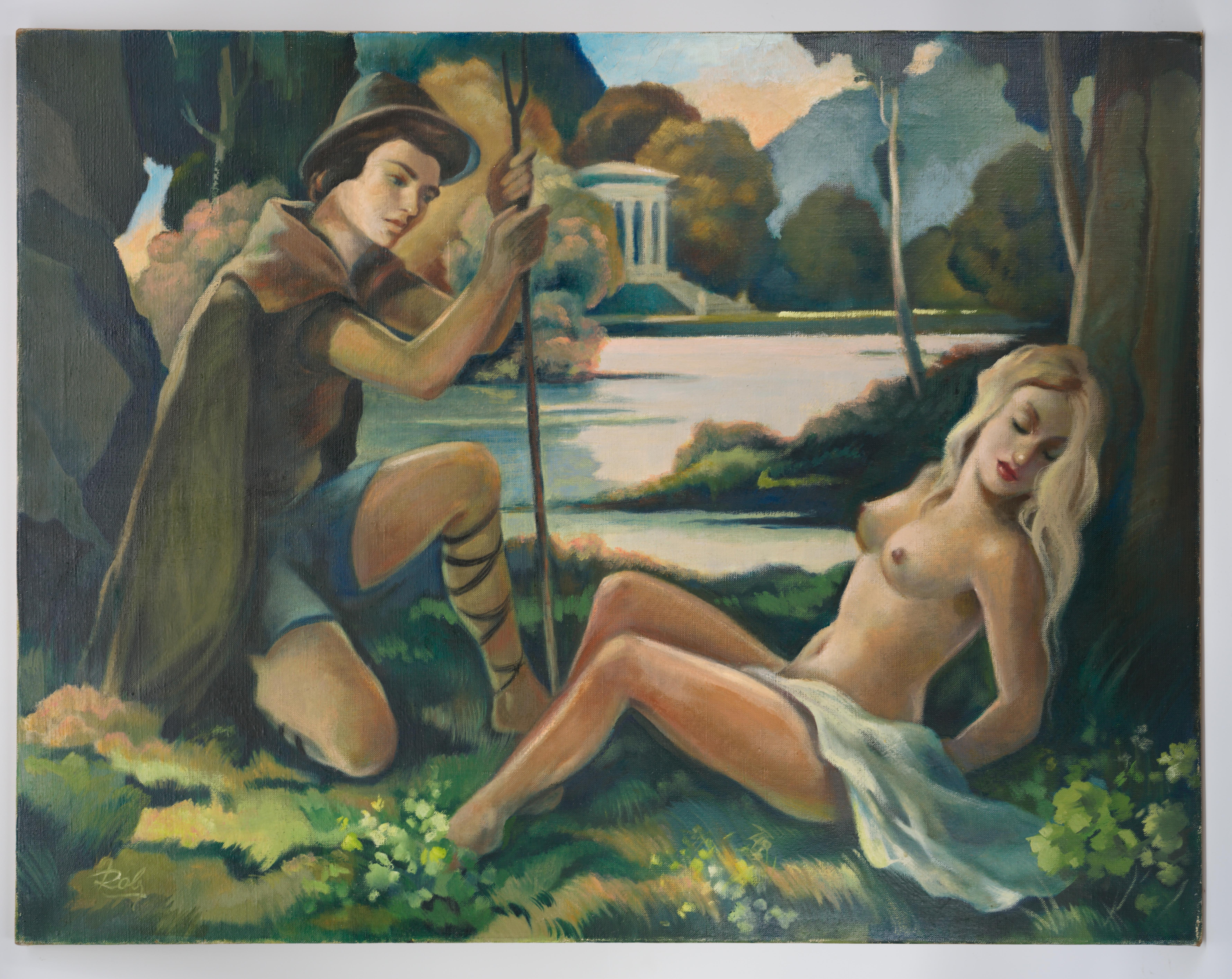 Óleo sobre lienzo firmado ROBJ, Francia, años 30. Pareja cerca de la Libra. con marco - 134,6x107x7 cm - 53 