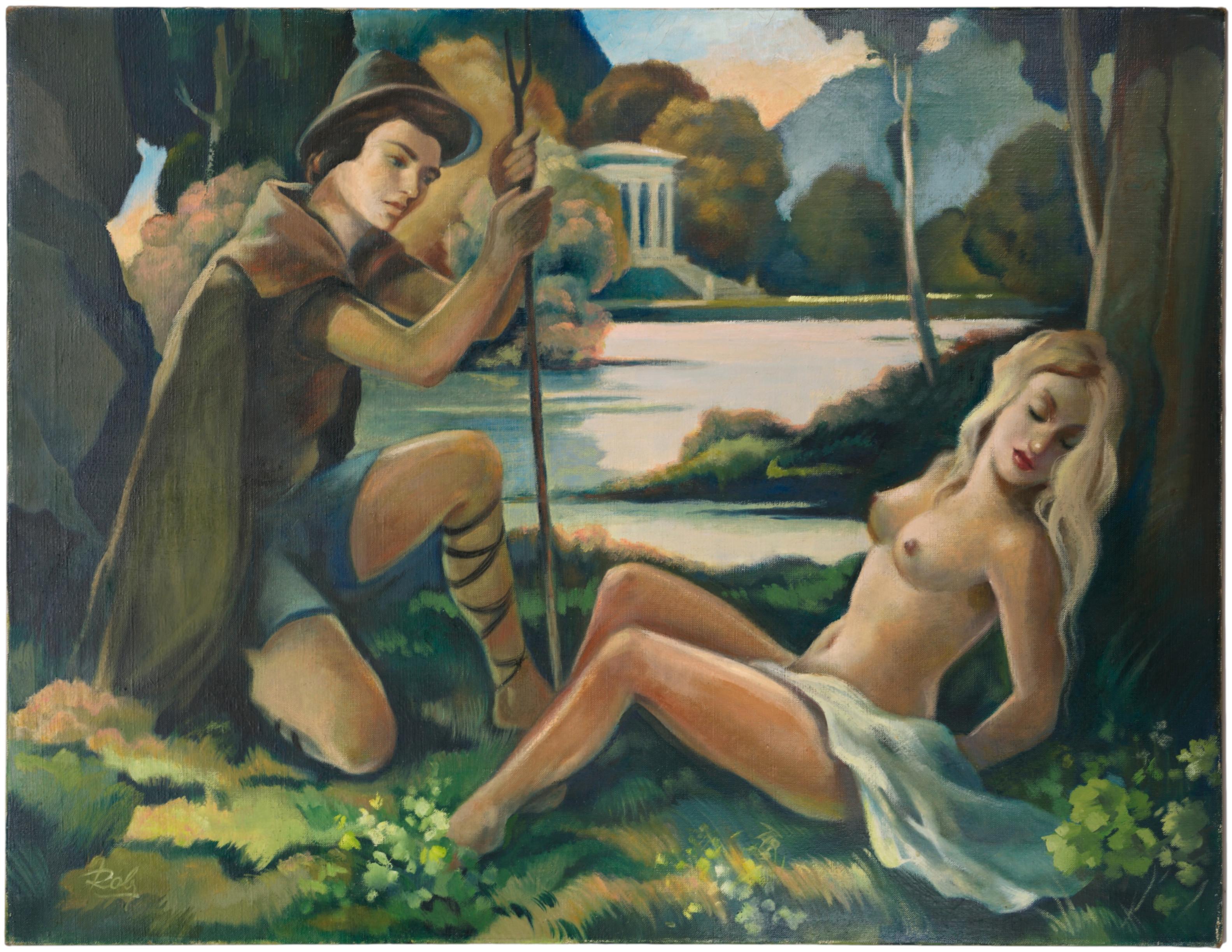 ROBJ, Óleo grande sobre lienzo, Panel de pared, Pareja cerca de la Libra, 1930 Art Decó en venta