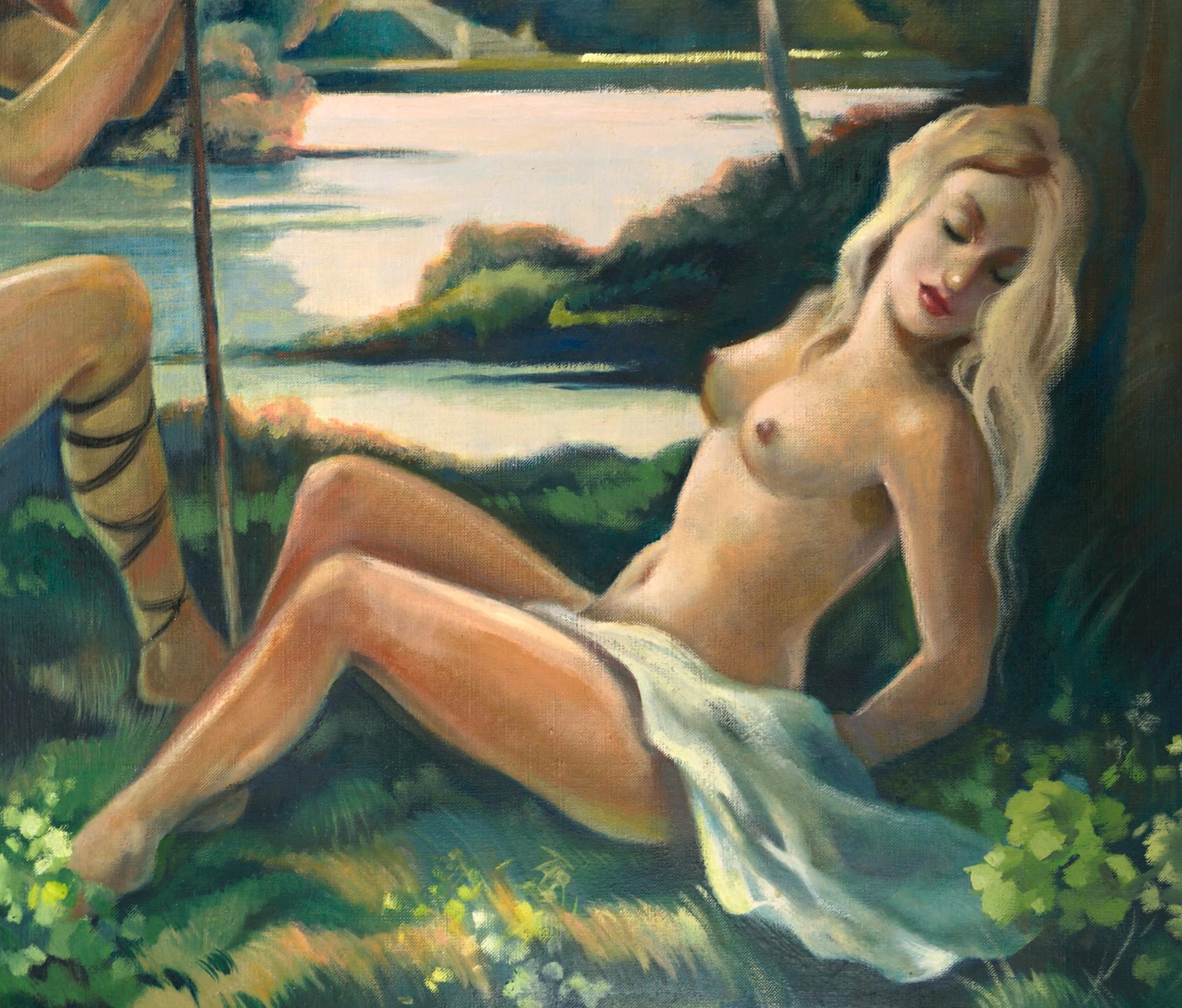 ROBJ, Óleo grande sobre lienzo, Panel de pared, Pareja cerca de la Libra, 1930 en Bueno estado para la venta en Saint-Amans-des-Cots, FR