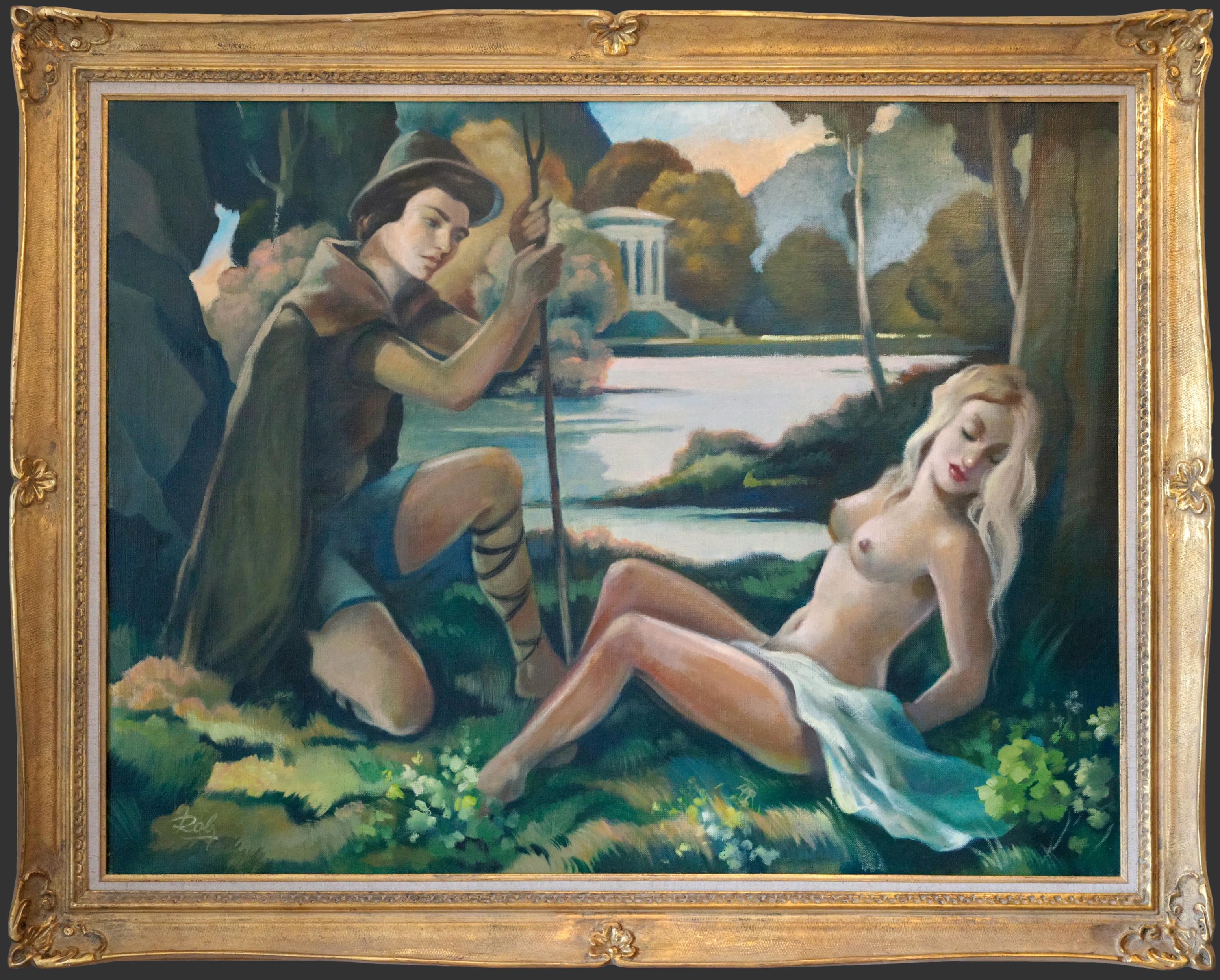 ROBJ, Óleo grande sobre lienzo, Panel de pared, Pareja cerca de la Libra, 1930 en venta 2