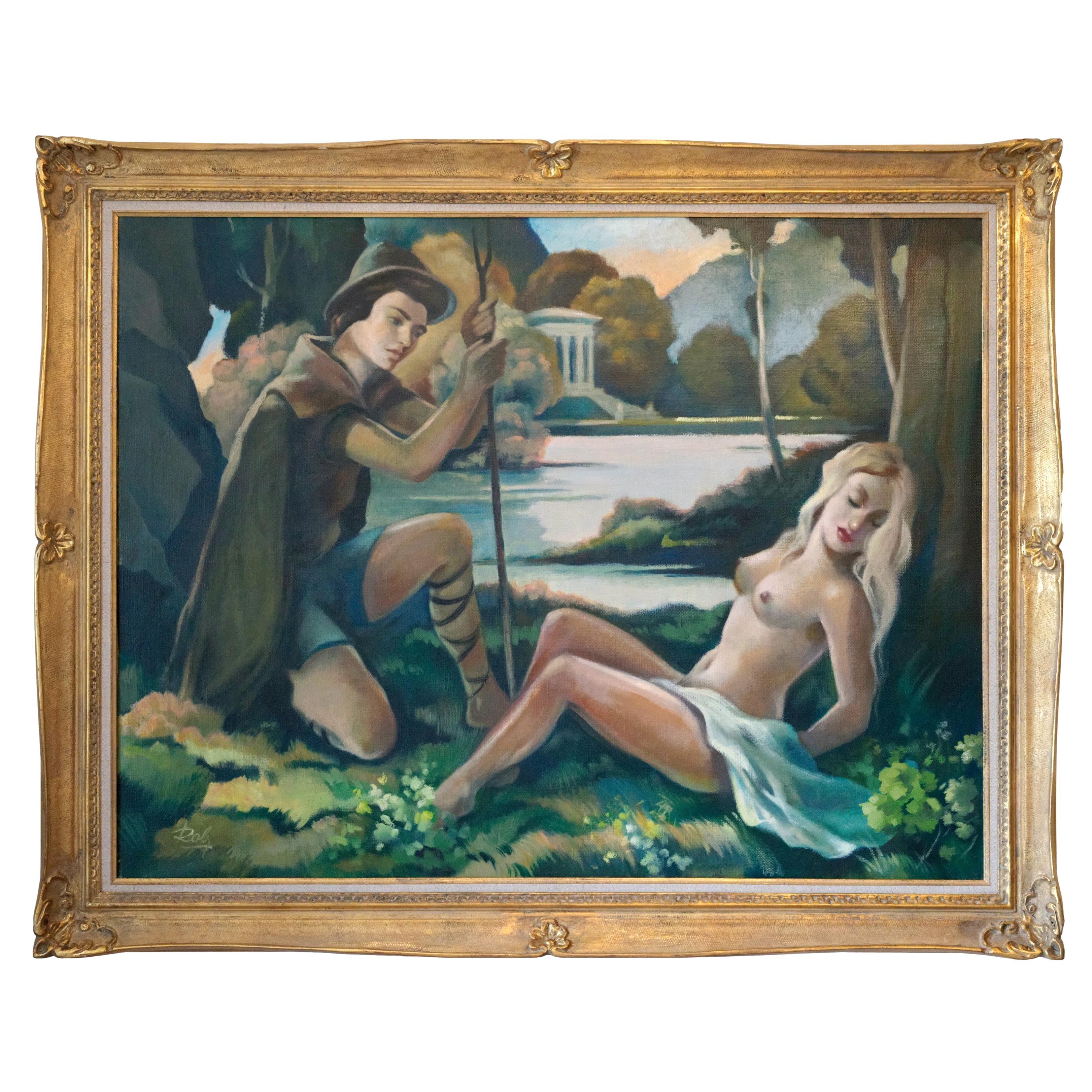 ROBJ, Large Oil on canvas, Wall Panel, Couple near the Pound, 1930