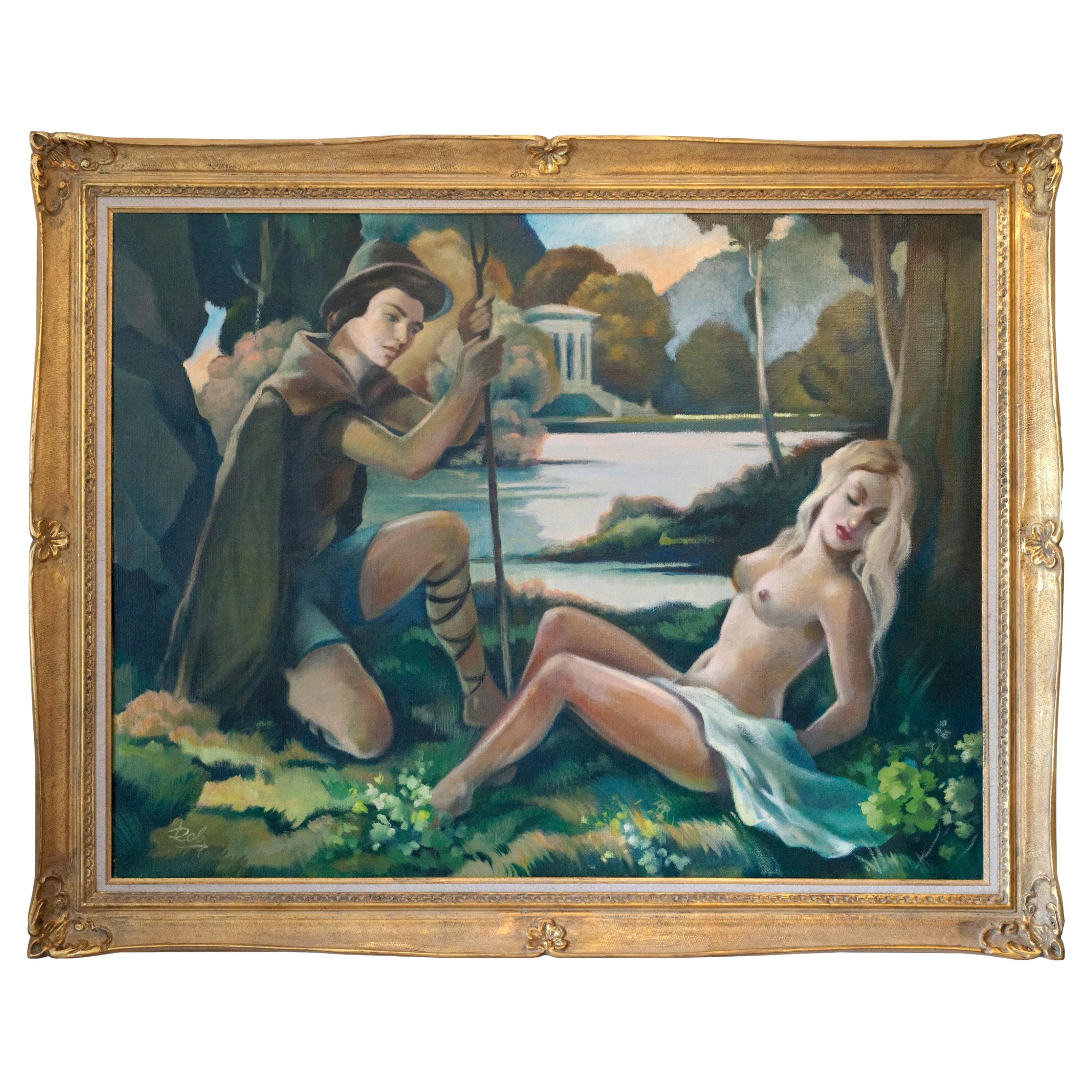 ROBJ, Óleo grande sobre lienzo, Panel de pared, Pareja cerca de la Libra, 1930 en venta