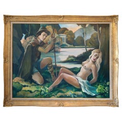 ROBJ, Large Oil on canvas, Wall Panel, Couple near the Pound, 1930