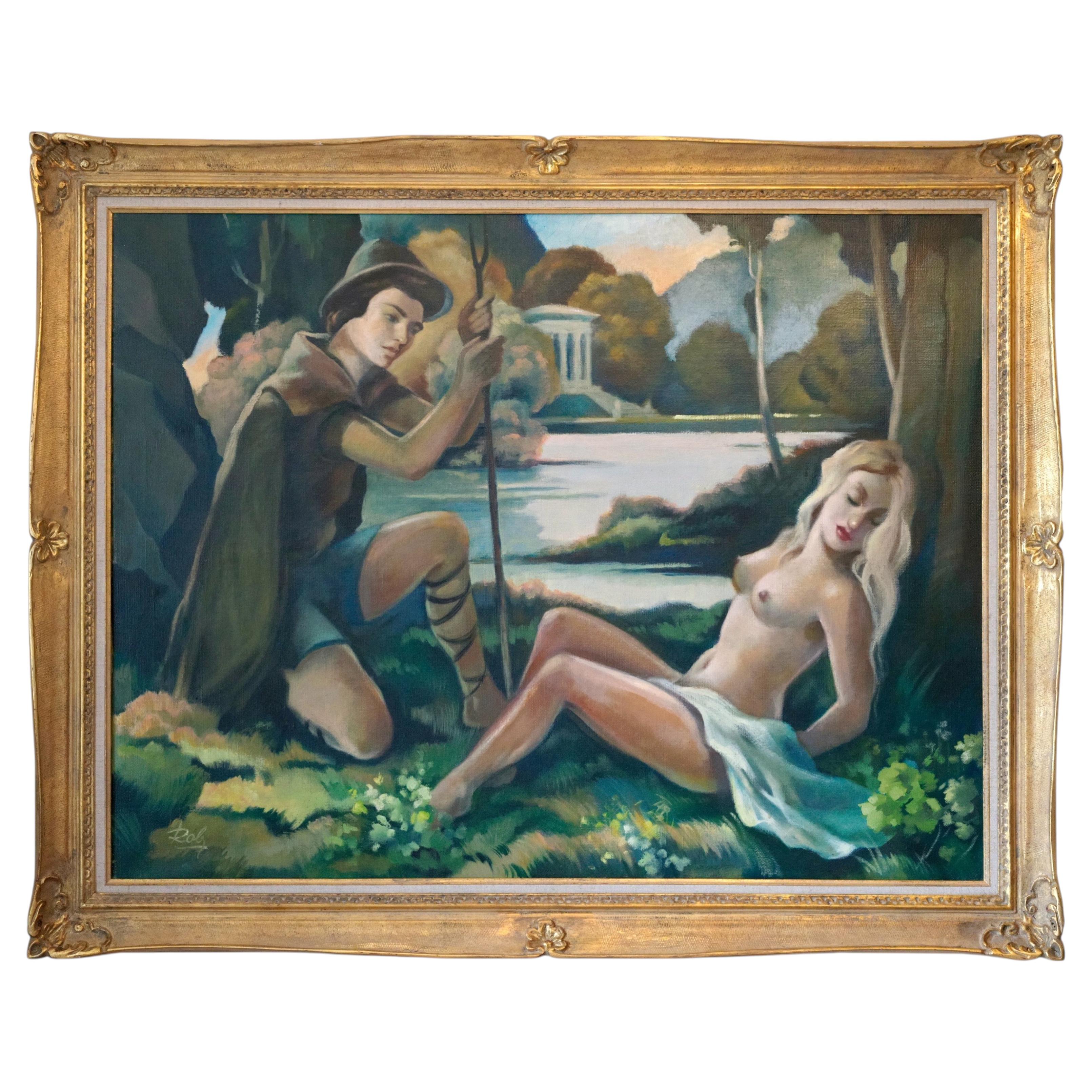 ROBJ, grande huile sur toile, panneau mural, couple près de la fourrière 1930 en vente