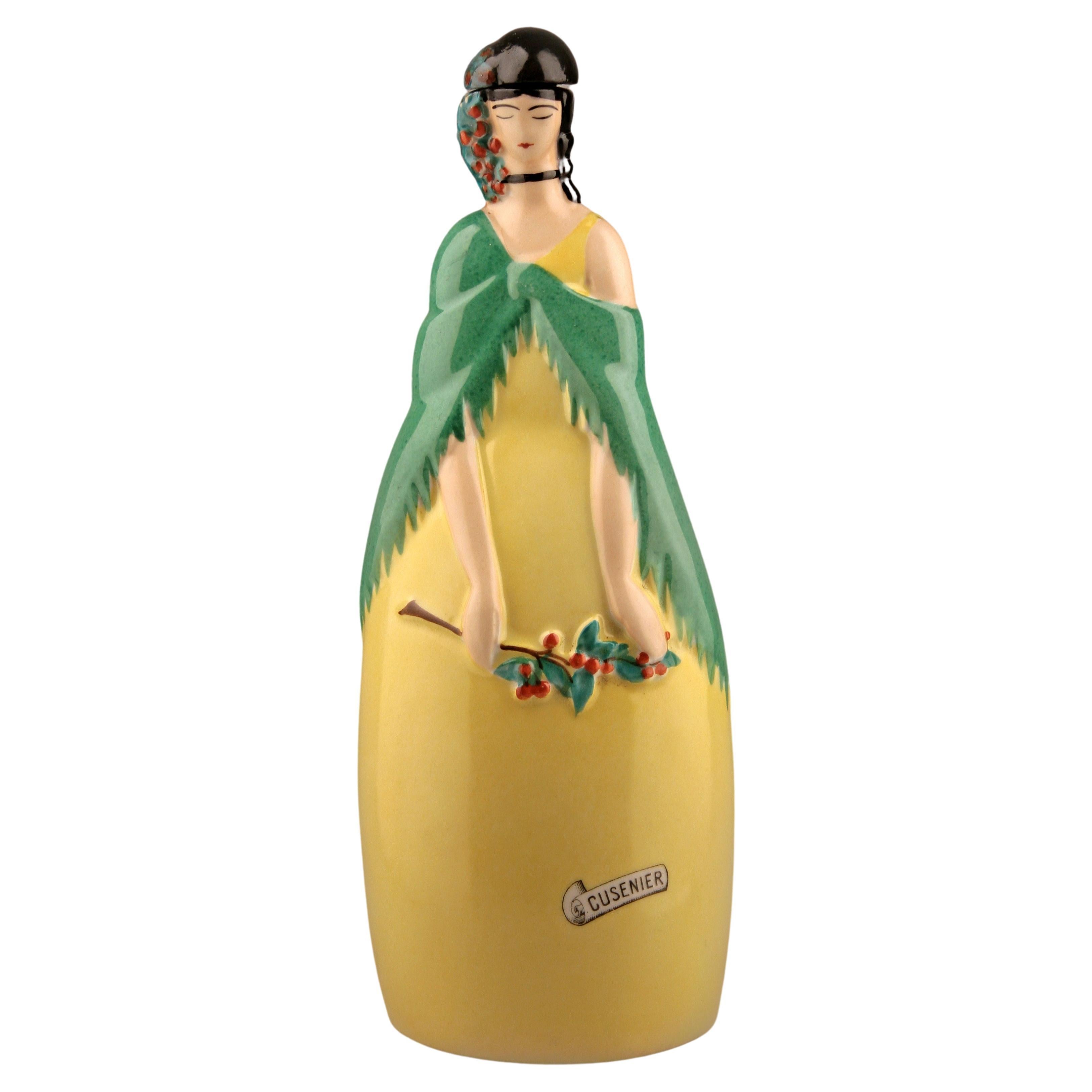 ROBJ-Like Art Déco French Glazed and Painted Porcelain Bottle with Cork Stopper For Sale