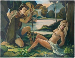 ROBJ, Large Oil on canvas, Wall Panel, Couple near the Pound, 1930