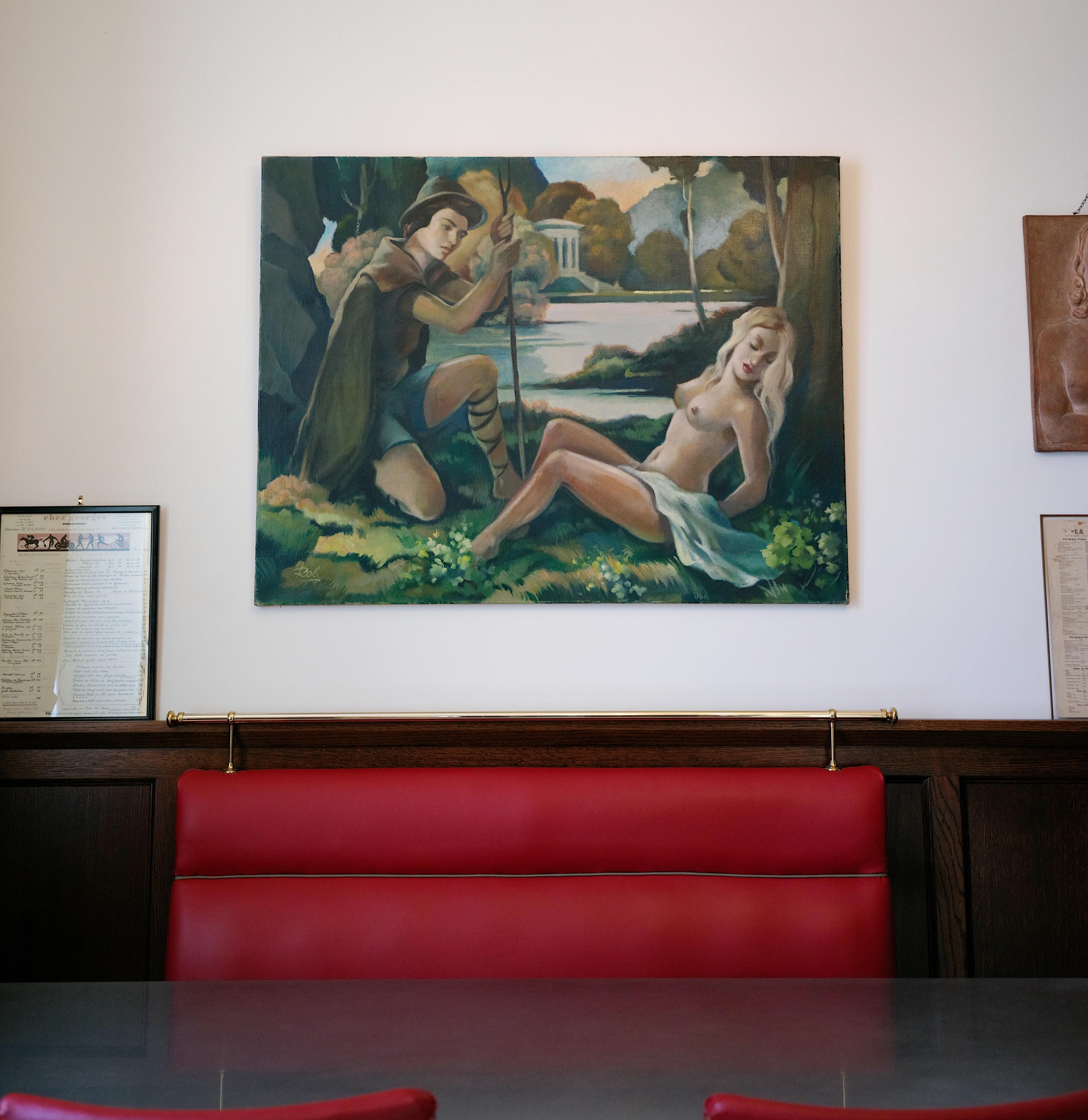 ROBJ, Óleo grande sobre lienzo, Panel de pared, Pareja cerca de la Libra, 1930 en venta 6