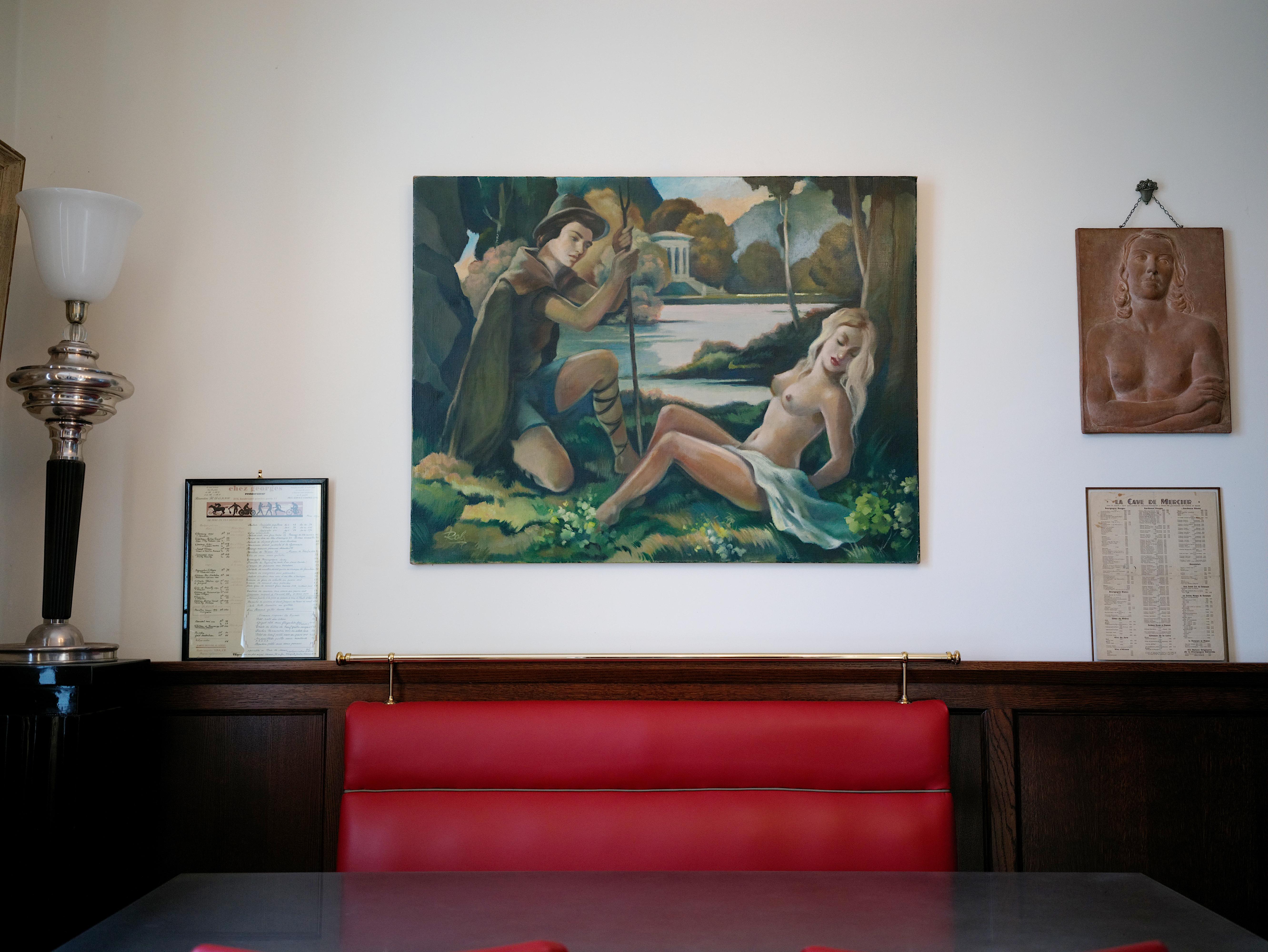 ROBJ, Óleo grande sobre lienzo, Panel de pared, Pareja cerca de la Libra, 1930 en venta 7