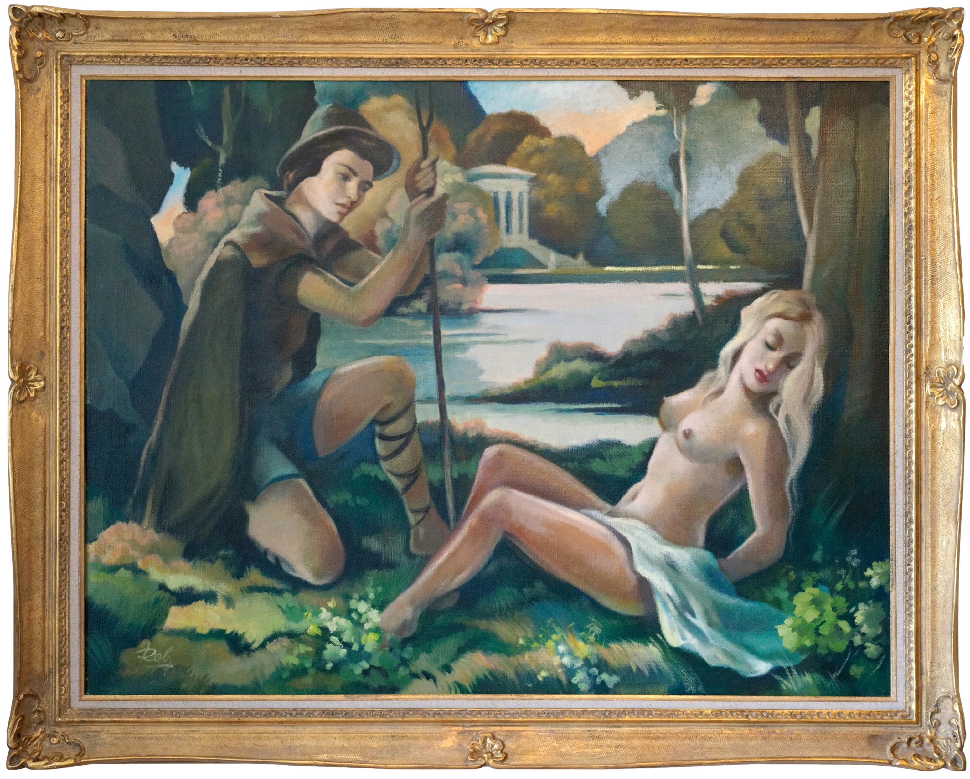 Oil on canvas signed ROBJ, France, 1930s. Couple near the Pound. with frame - 134.6x107x7 cm - 53"x42"x2.75" ; without frame - 116x89 cm - 45.7x35 inches. 50F format. Signed "Robj" lower left (see photo). Large and very decorative format that can be