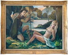 Vintage ROBJ, Large Oil on canvas, Wall Panel, Couple near the Pound, 1930