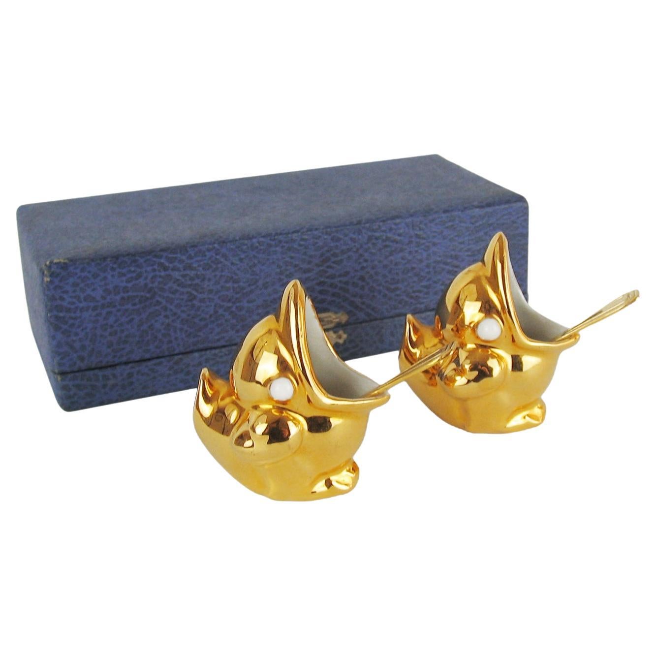 ROBJ Paris, Pair of Gilt Salt and Pepper Porcelain Cellars, France 1950s For Sale