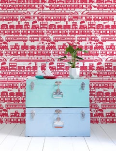 Robo Rail Designer Wallpaper in Strawberry 'Firetruck Red on Soft White'