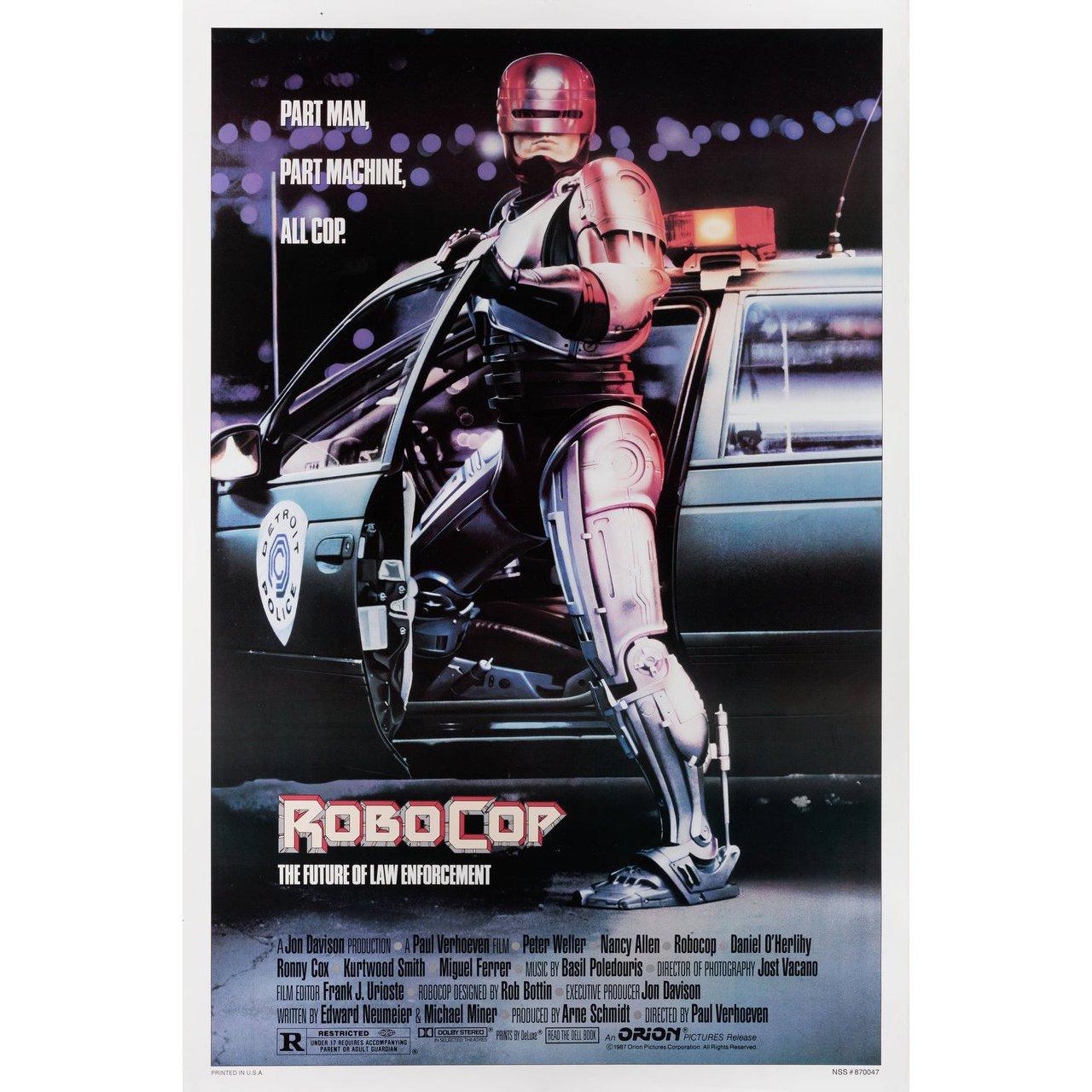 Original 1987 U.S. one sheet poster by Mike Bryan for the film RoboCop directed by Paul Verhoeven with Peter Weller / Nancy Allen / Dan O'Herlihy / Ronny Cox. Very Good-Fine condition, rolled. Please note: the size is stated in inches and the actual