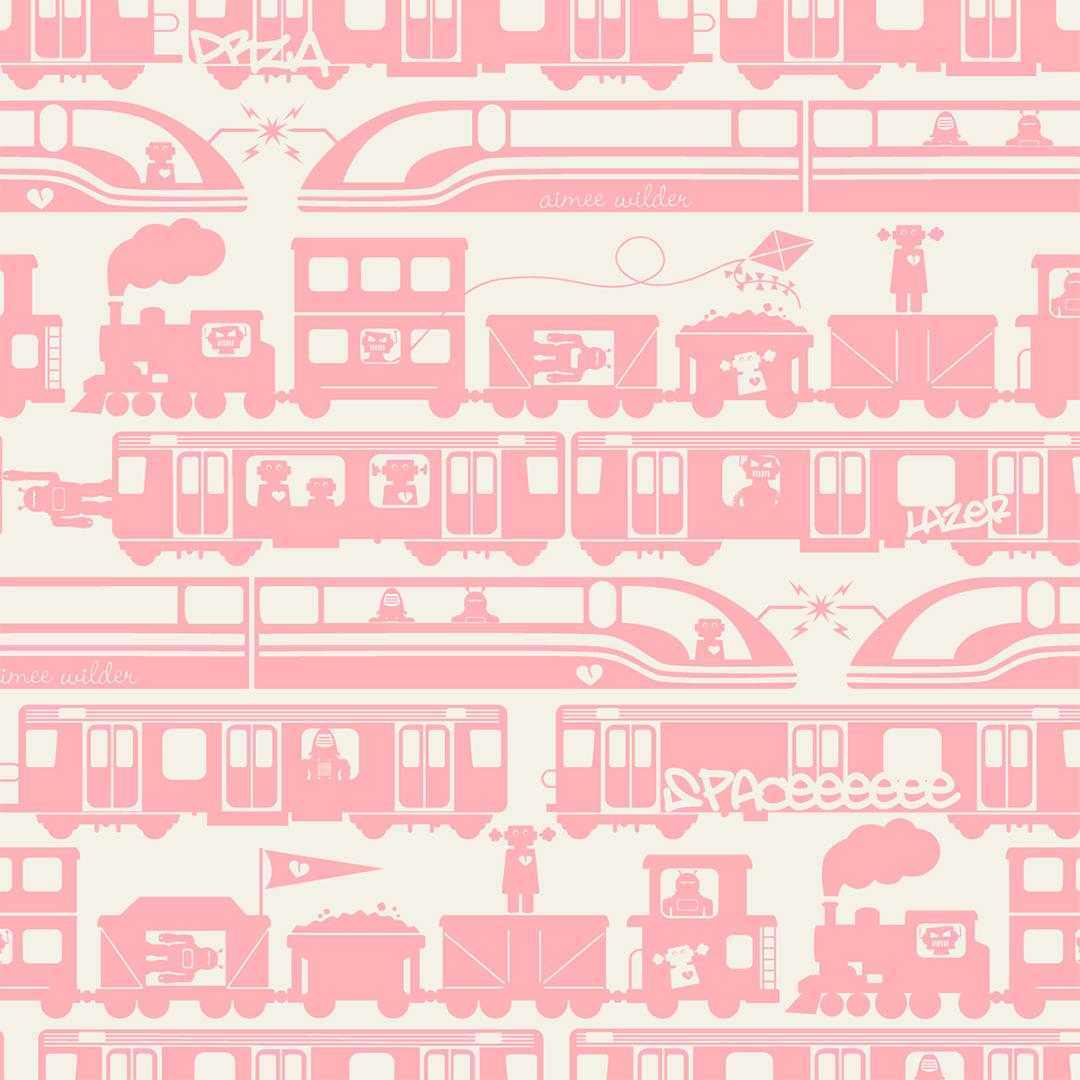 Robo Rail Designer Wallpaper in Peony 'Rosey Pink on Soft White' For Sale