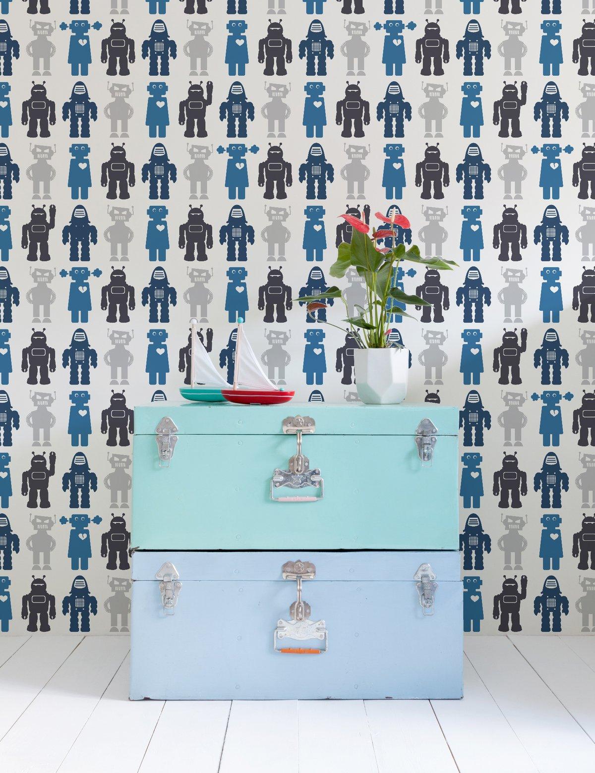 Robots Designer Wallpaper in Blue 'Blues and Greys' In New Condition For Sale In Brooklyn, NY