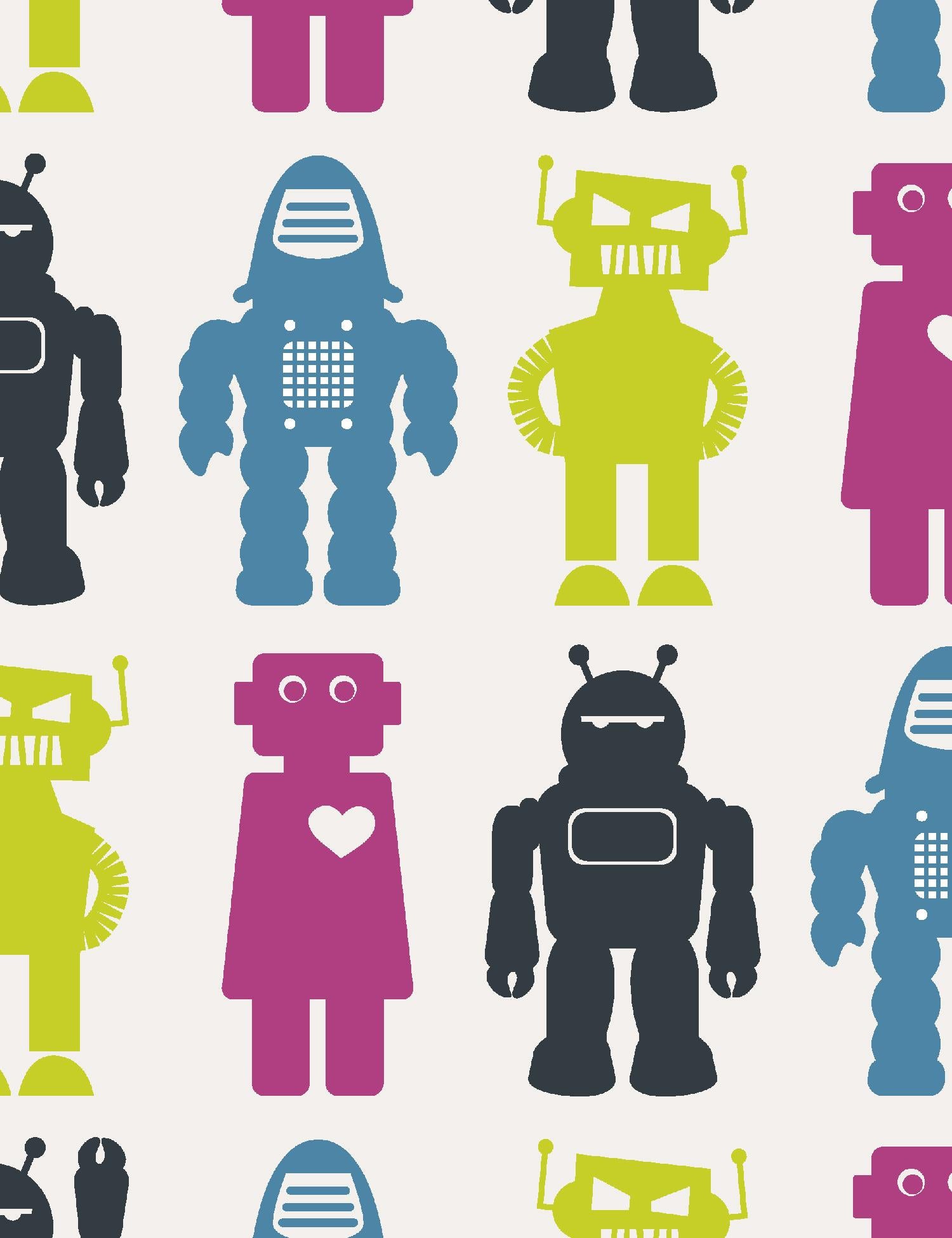 Robot Robots Designer-Tapete in klassischem „Lime, Magenta, Blau und Anthrazit“ im Zustand „Neu“ im Angebot in Brooklyn, NY