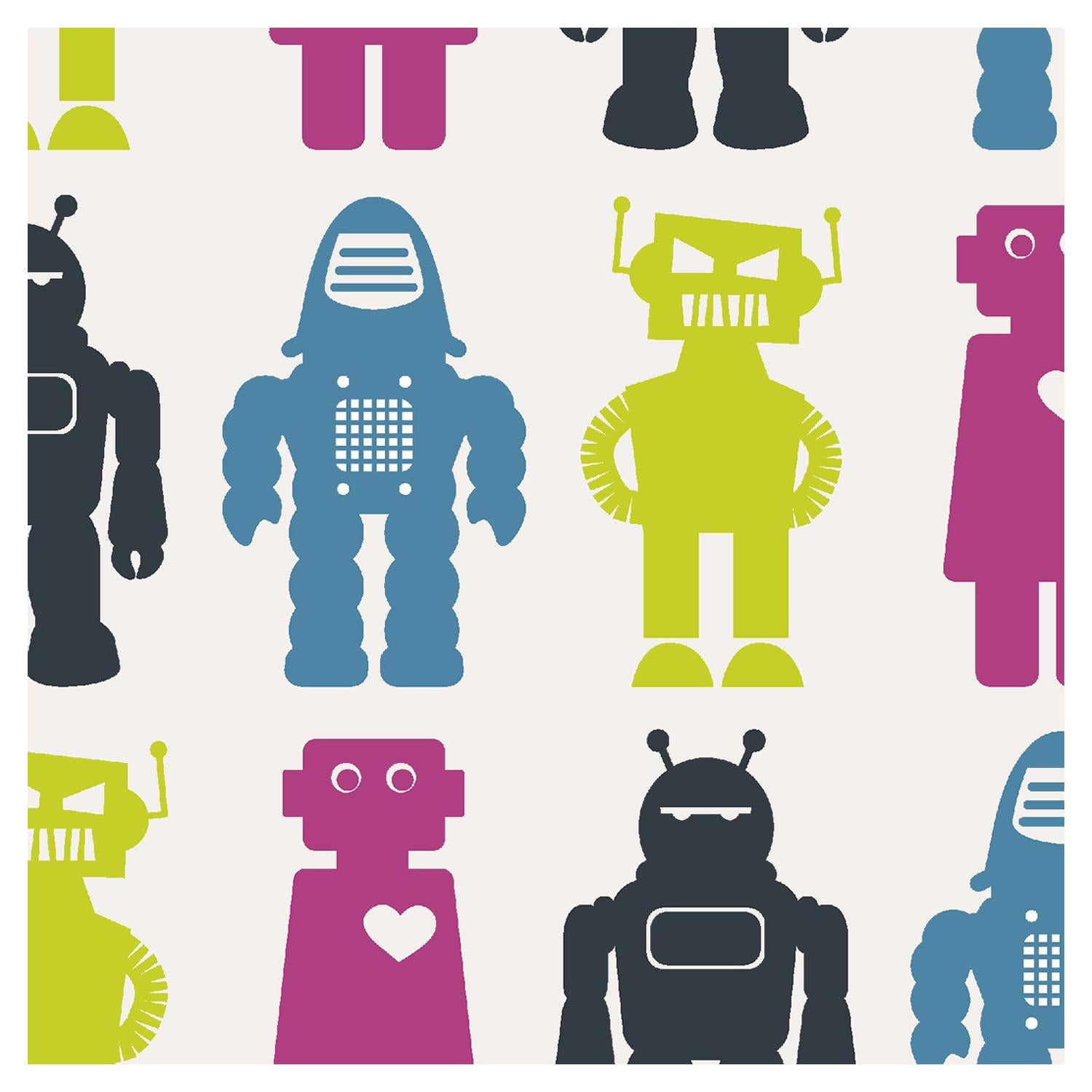 Robots Designer Wallpaper in Classic 'Lime, Magenta, Blue and Charcoal'