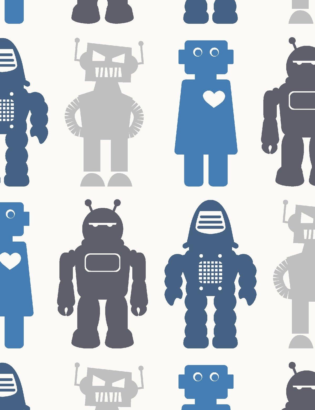 Robots Designer-Tapete in Blau „Blau und Grau“ im Zustand „Neu“ im Angebot in Brooklyn, NY