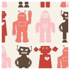 Robot Robots Designer-Tapete in Rot 'Koralle, Rosa, Rot und Braun'