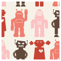 Robot Robots Designer-Tapete in Rot 'Koralle, Rosa, Rot und Braun'