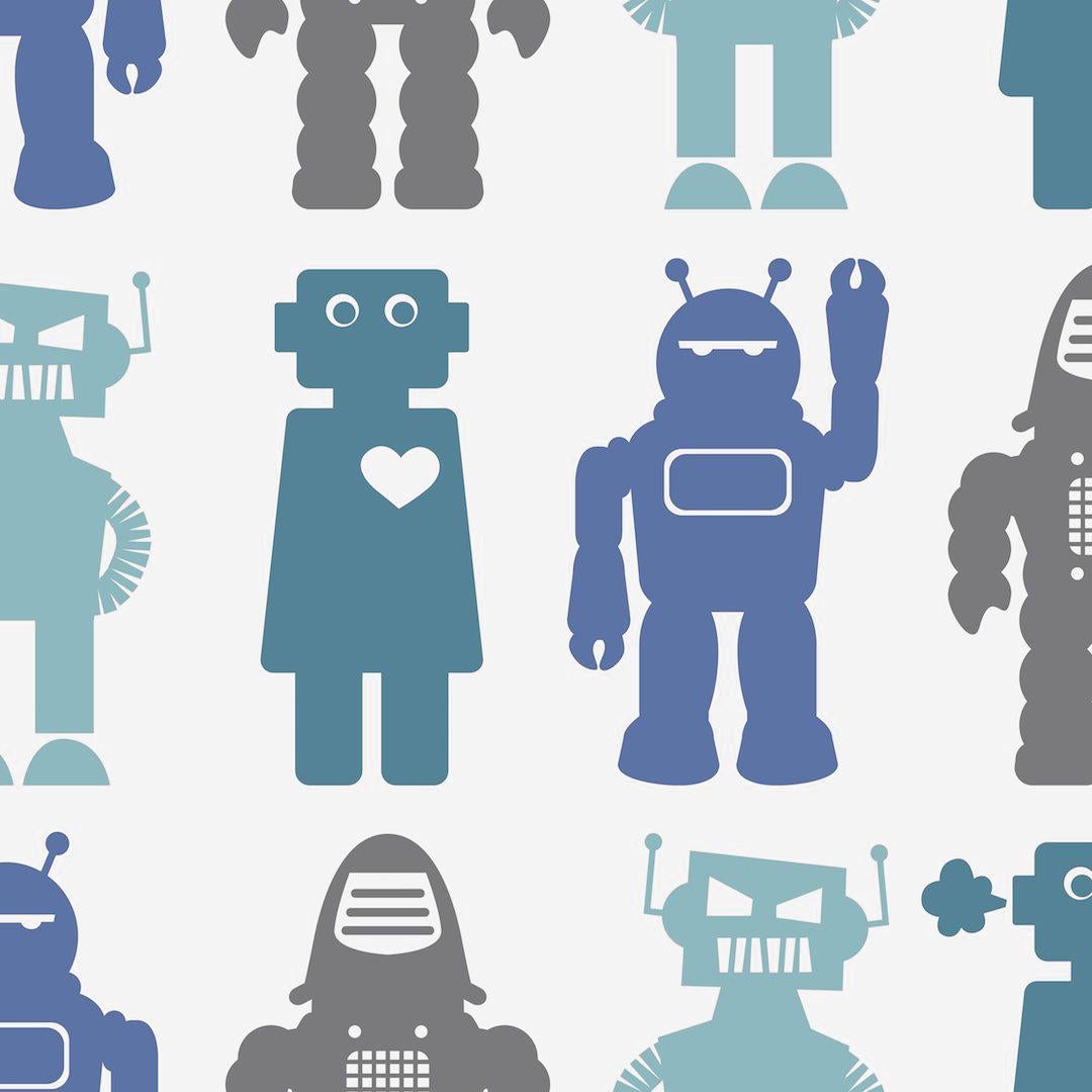 Robots Designer Wallpaper in Sky 'Blues, Charcoal and Aqua'