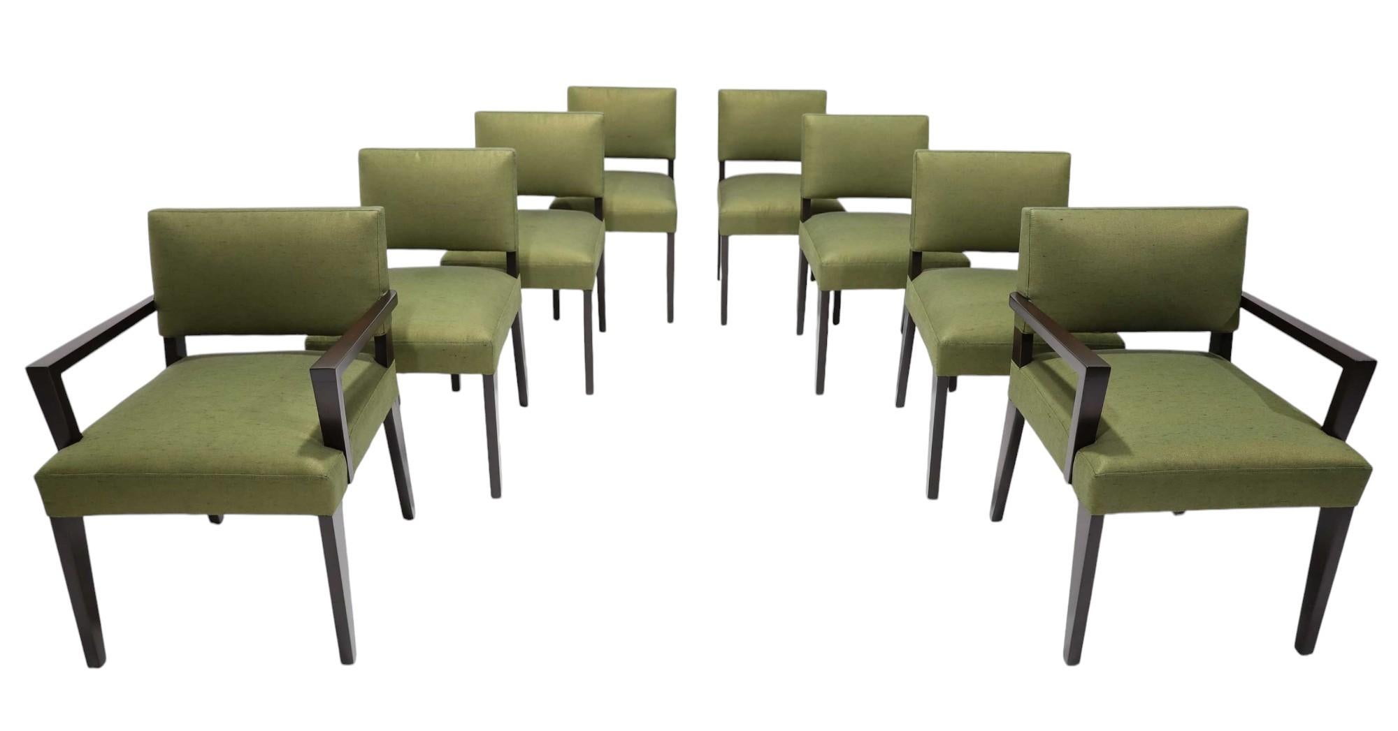 A great looking set of eight dining chairs designed by Robsjohn-Gibbings for Widdicomb perfectly restored  and upholstered in a Donghia fabric. Subtle sophistication and timeless style. 

 Arm chairs are 32