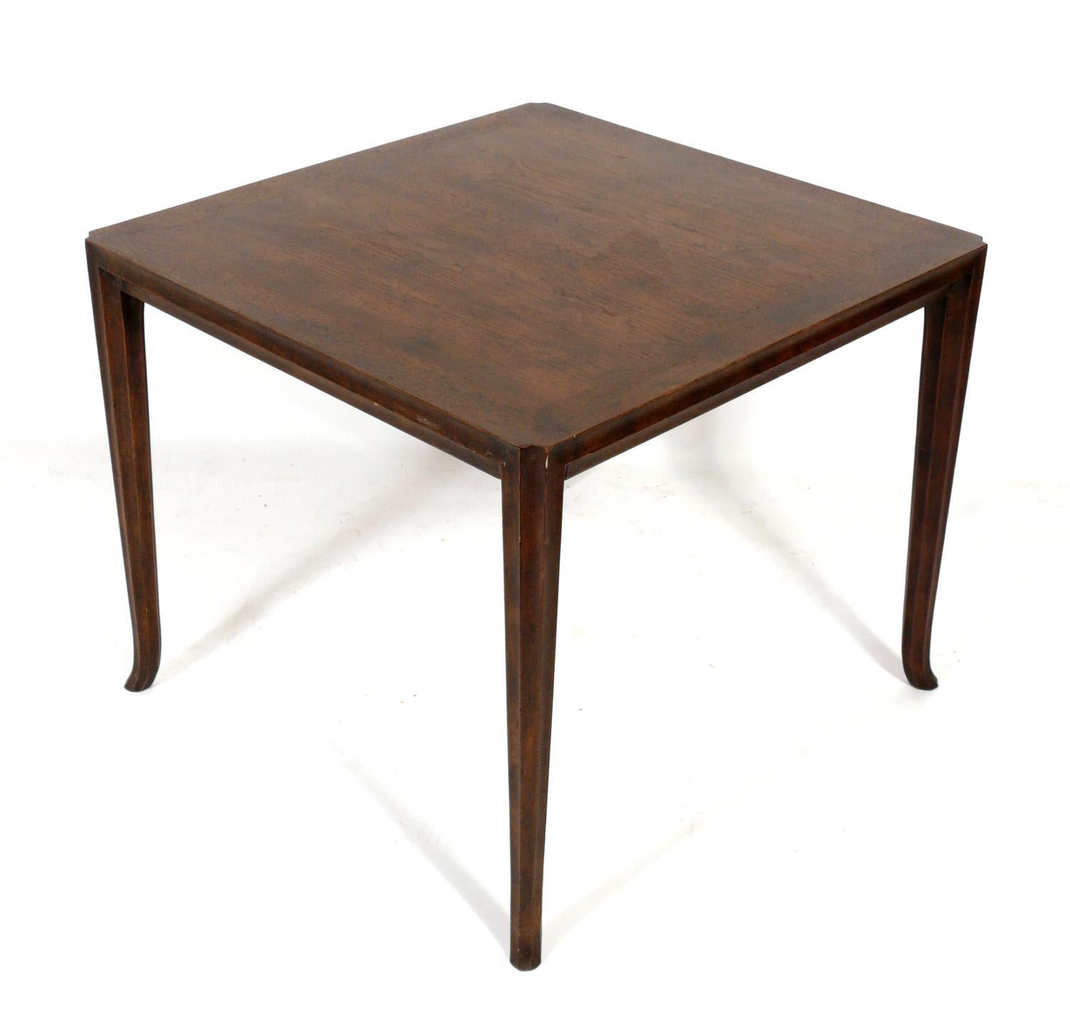 Elegant Klismos leg end table, designed by T.H. Robsjohn Gibbings for Baker, American, circa 1960s. This table is currently being refinished and can be completed in your choice of color. It is a versatile size and can be used as a side or end table,