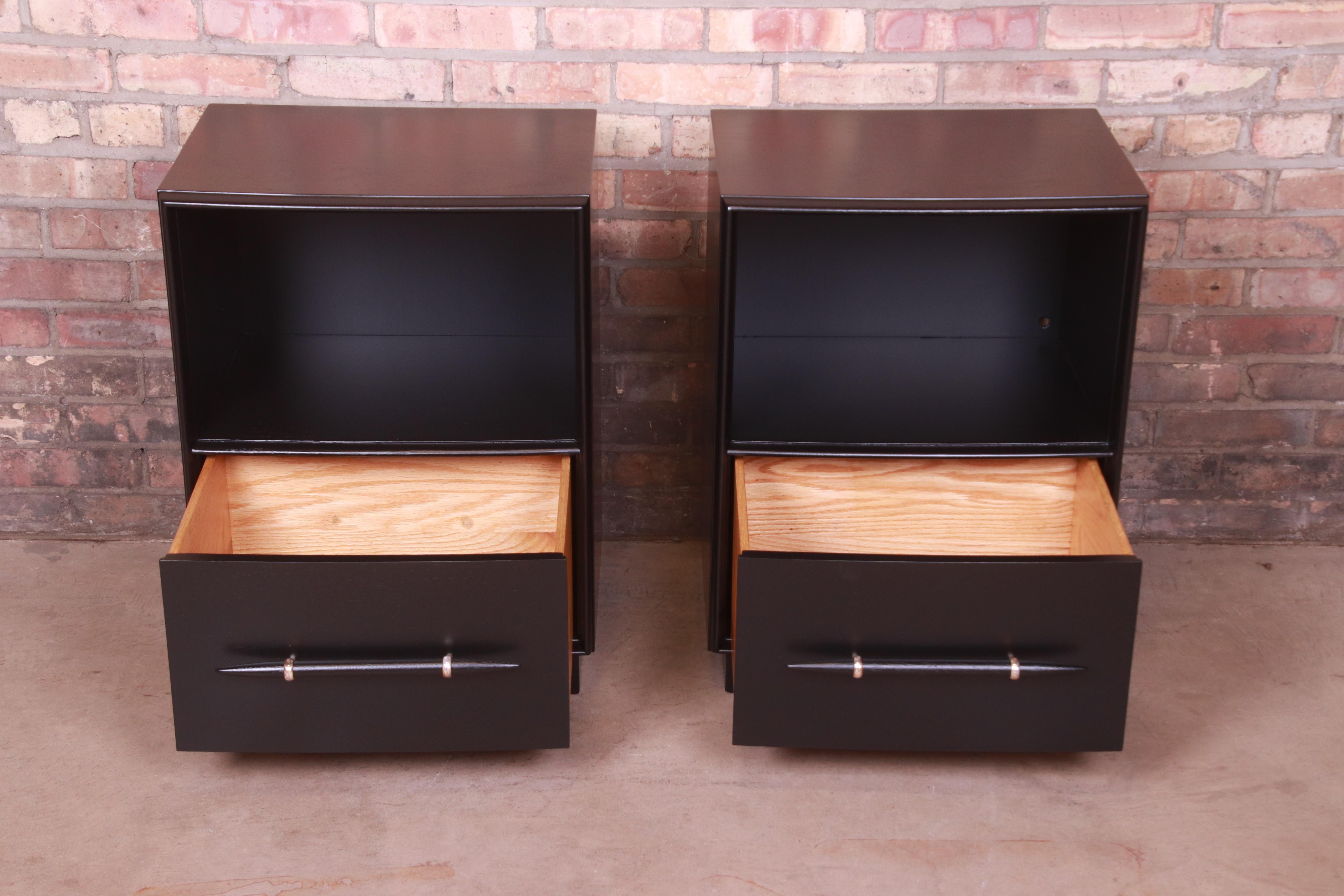 Robsjohn-Gibbings for Widdicomb Black Lacquered Nightstands, Newly Refinished 3