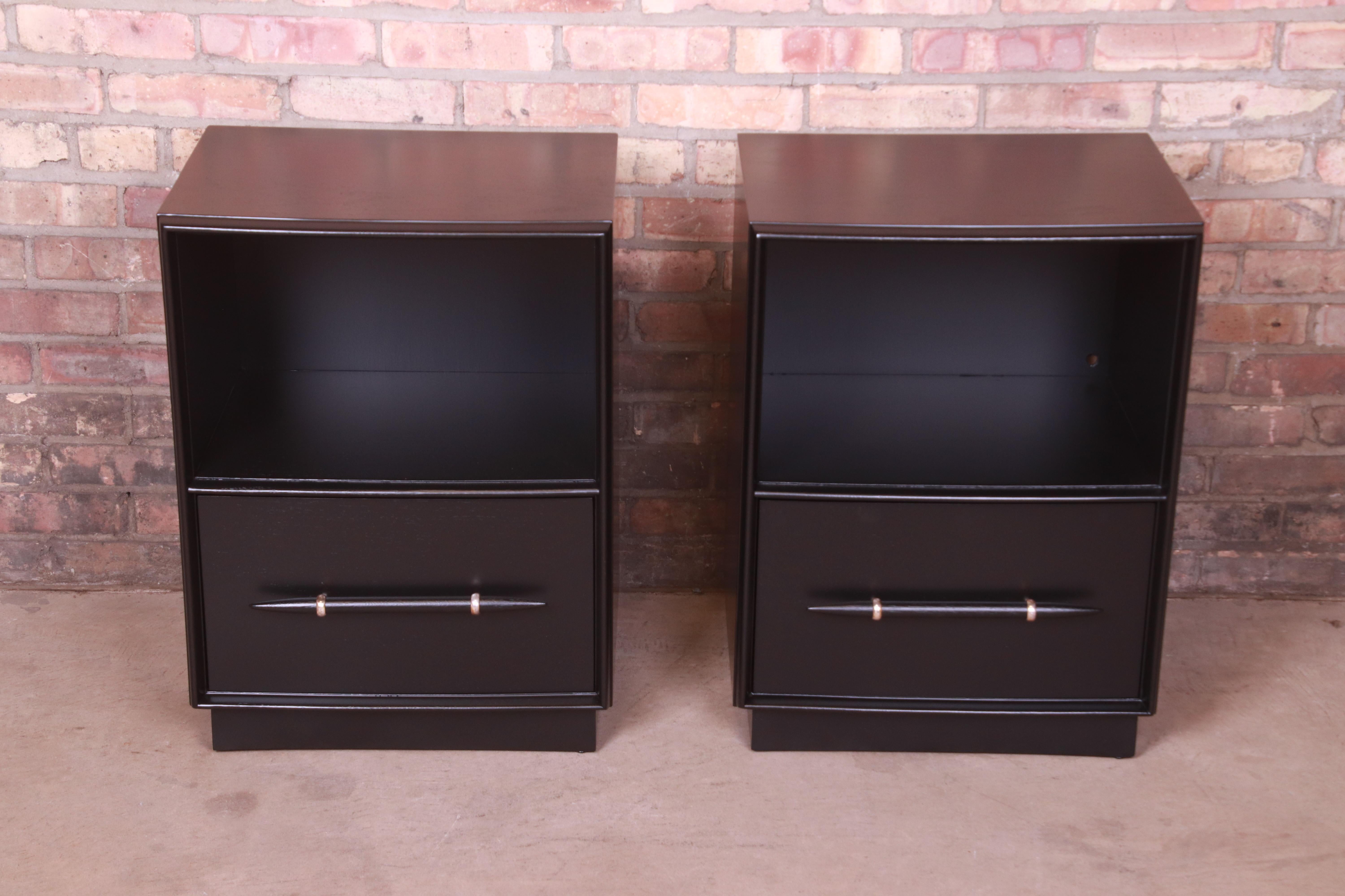 American Robsjohn-Gibbings for Widdicomb Black Lacquered Nightstands, Newly Refinished