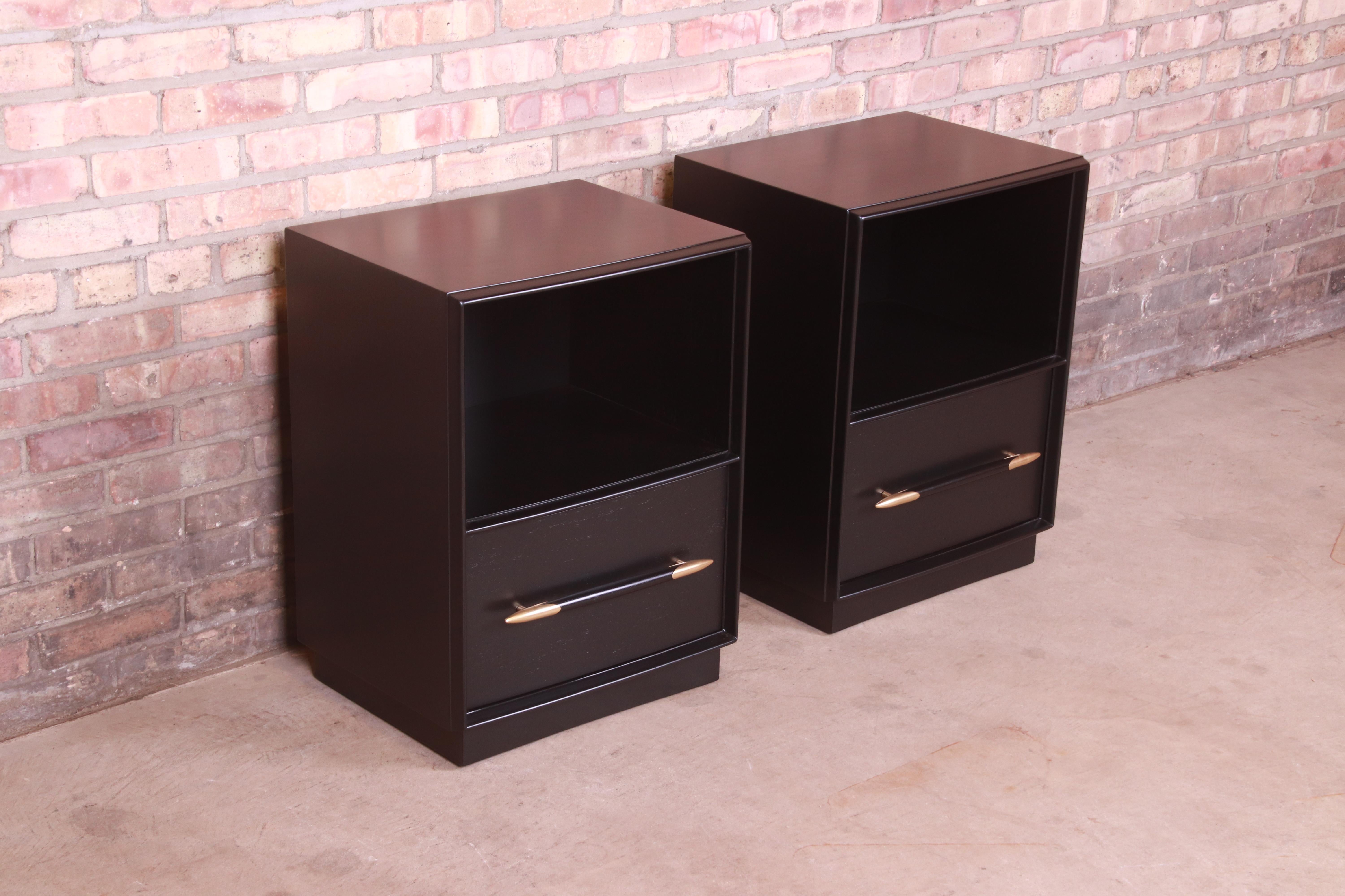 Mid-20th Century Robsjohn-Gibbings for Widdicomb Black Lacquered Nightstands, Newly Refinished For Sale