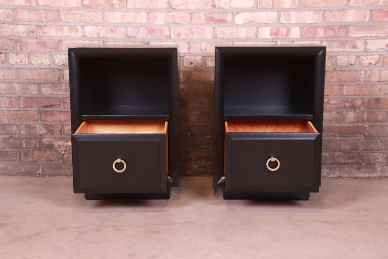 Brass Robsjohn-Gibbings for Widdicomb Black Lacquered Nightstands, Newly Refinished For Sale