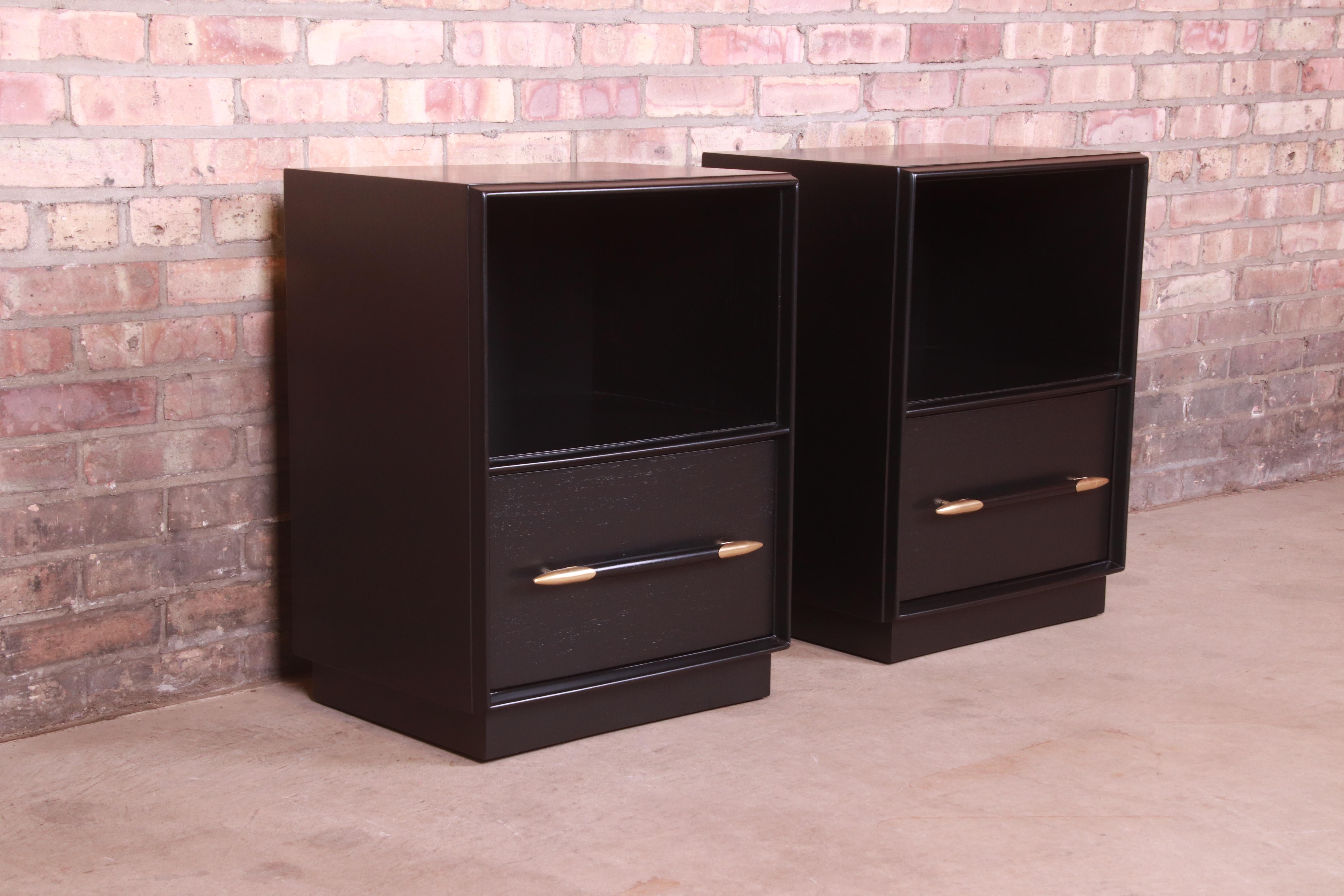 Brass Robsjohn-Gibbings for Widdicomb Black Lacquered Nightstands, Newly Refinished For Sale