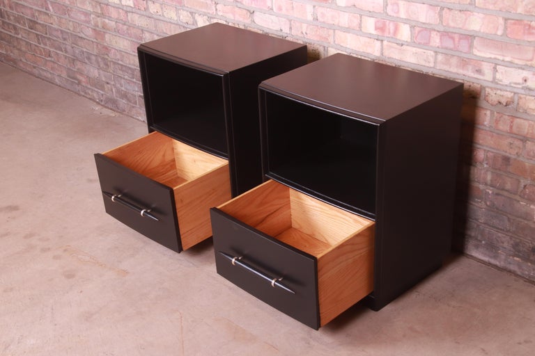 Robsjohn-Gibbings for Widdicomb Black Lacquered Nightstands, Newly Refinished For Sale 1