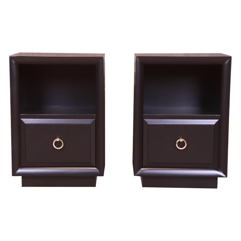 Robsjohn-Gibbings for Widdicomb Black Lacquered Nightstands, Newly Refinished For Sale
