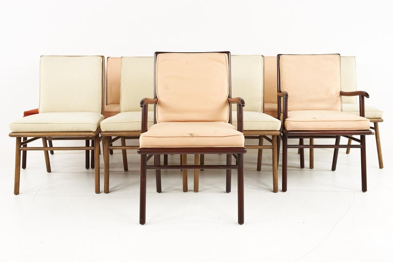 Robsjohn Gibbings for Widdicomb mid century dining chairs - Set of 10

The captains' chair measures: 21 wide x 24 deep x 35 high, with a seat height of 19 and arm height of 25 inches
The side chairs measure: 21 wide x 24 deep x 35 high, with a