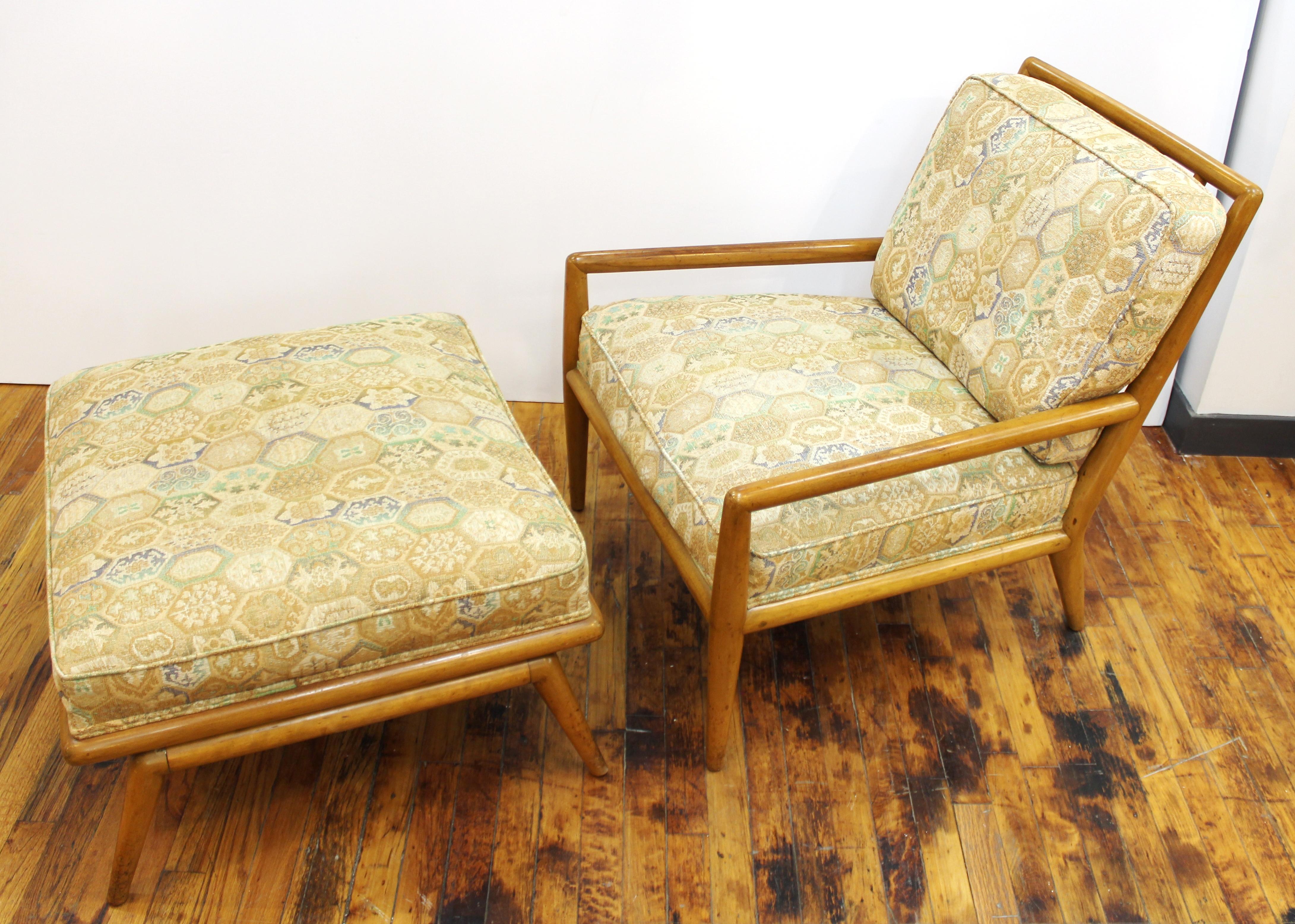 T.H. Robsjohn-Gibbings for Widdicomb Mid-Century Modern wood lounge chair and ottoman set in matching textile upholstery, made in circa 1955. In great vintage condition with age-appropriate wear and use.