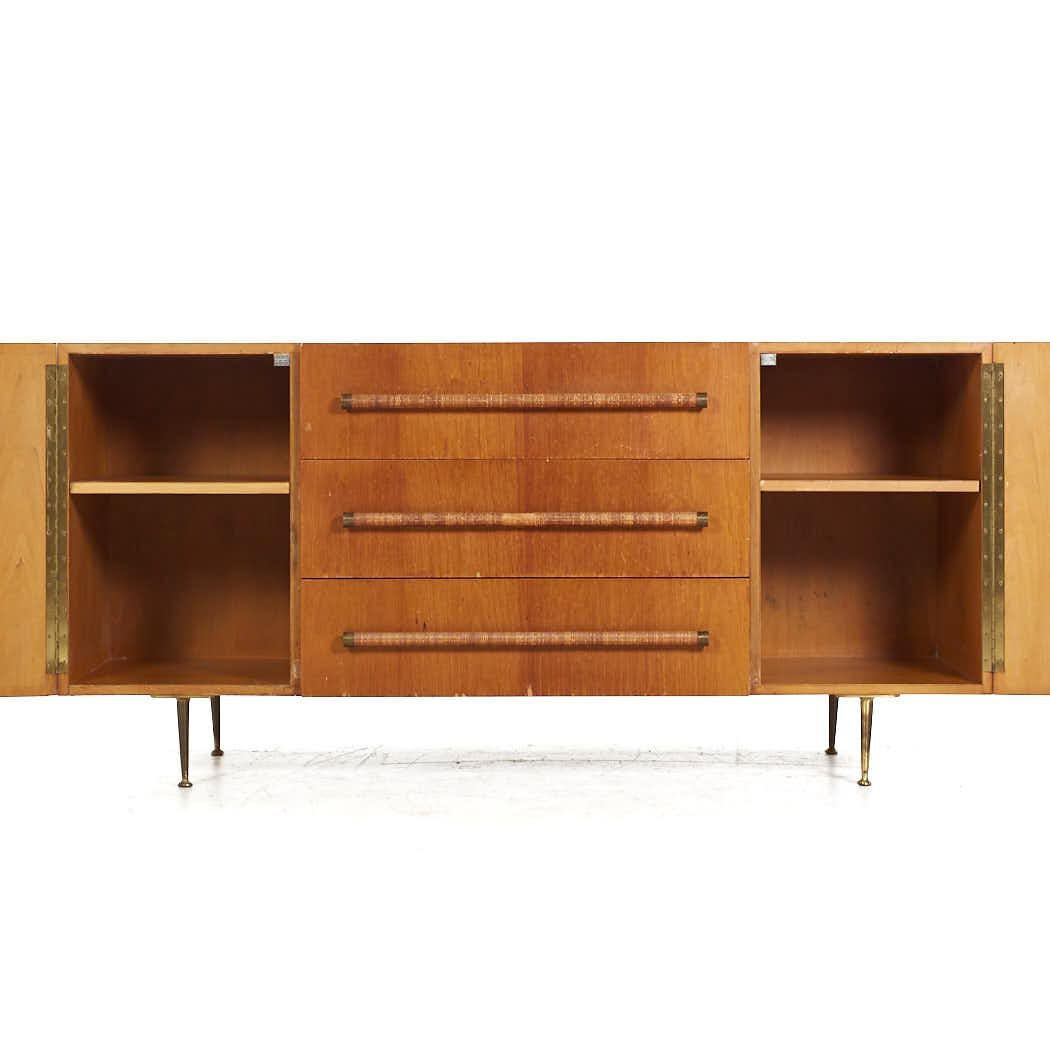 Robsjohn Gibbings for Widdicomb Mid Century Walnut Cane and Brass Credenza For Sale 1