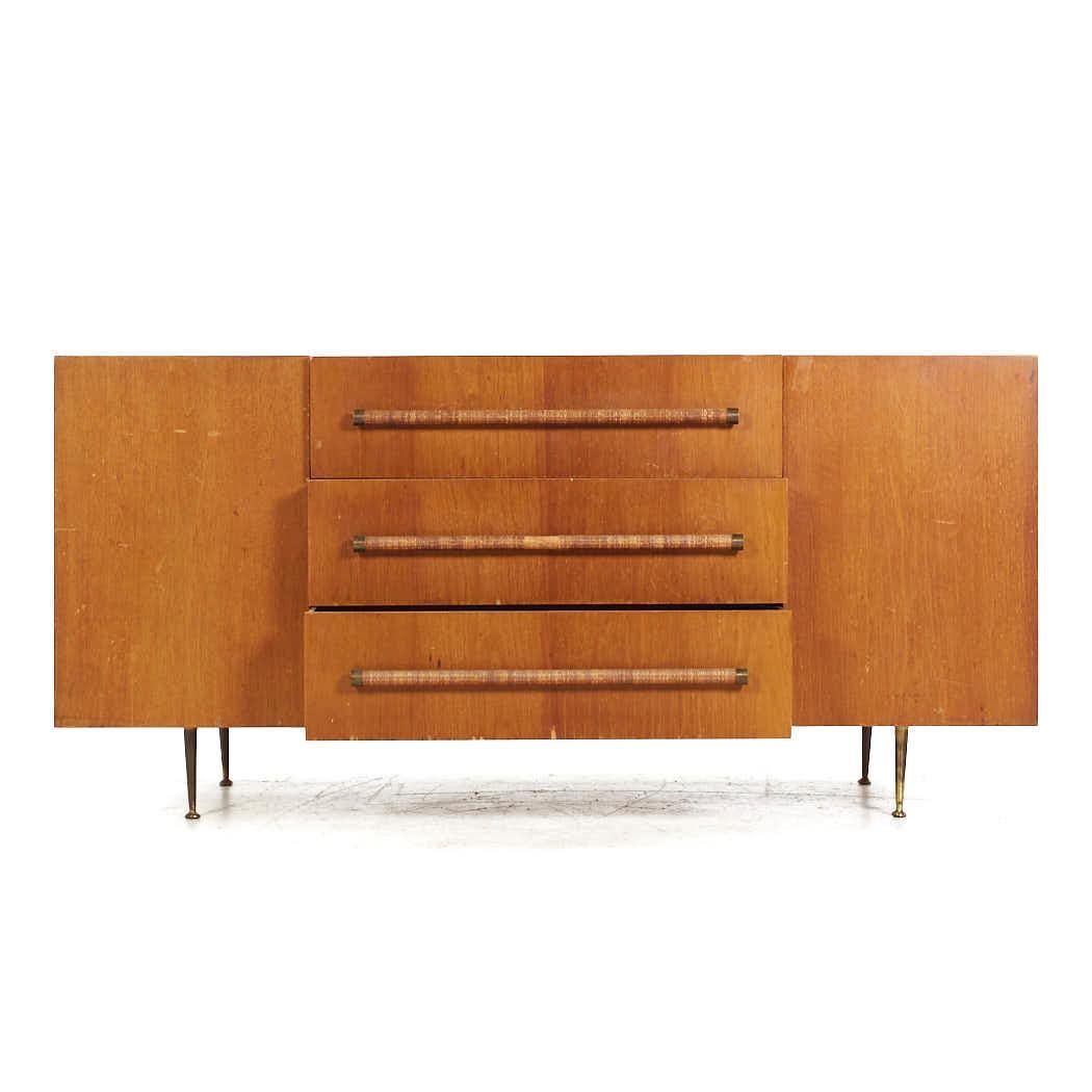 Robsjohn Gibbings for Widdicomb Mid Century Walnut Cane and Brass Credenza For Sale 3