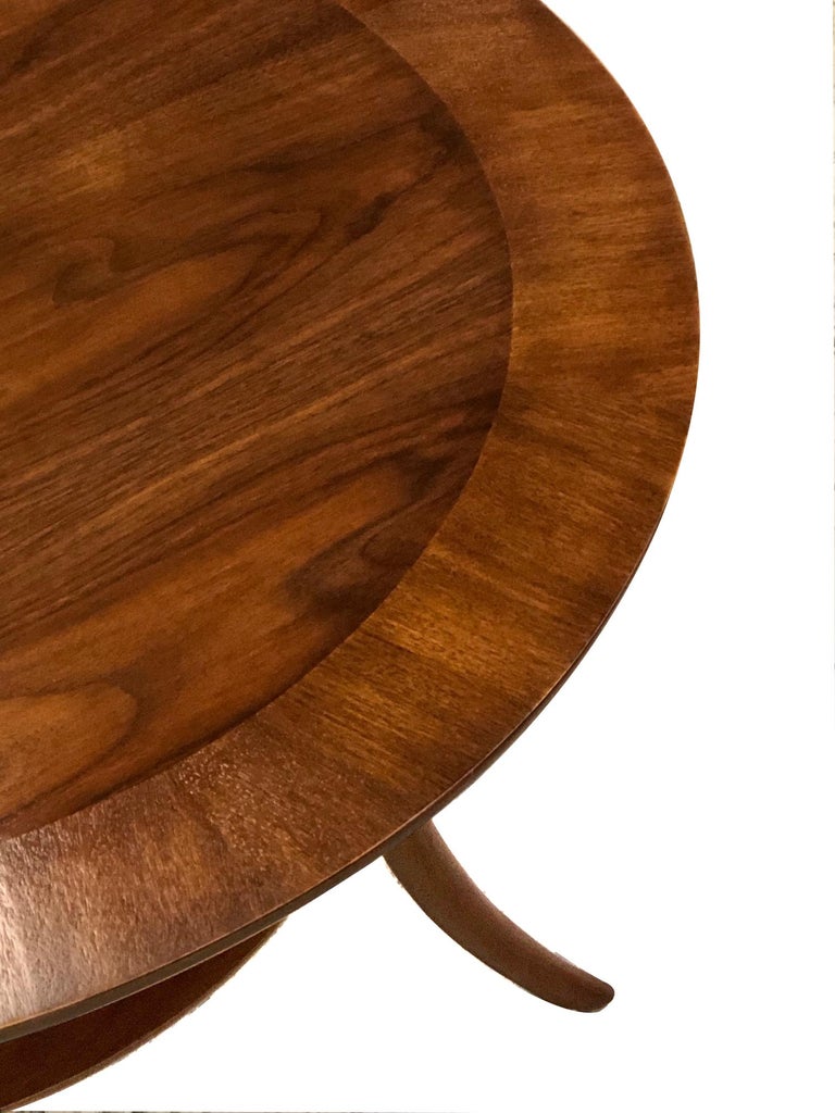 Carved Robsjohn-Gibbings for Widdicomb Round Walnut Klismos Sabre-Leg Round Table For Sale