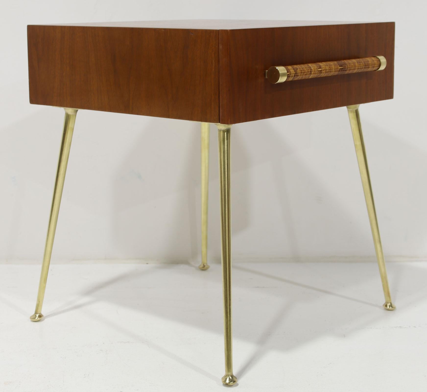 Mid-Century Modern Robsjohn-Gibbings for Widdicomb Side Table in Walnut, Brass and Cane, 1950s For Sale