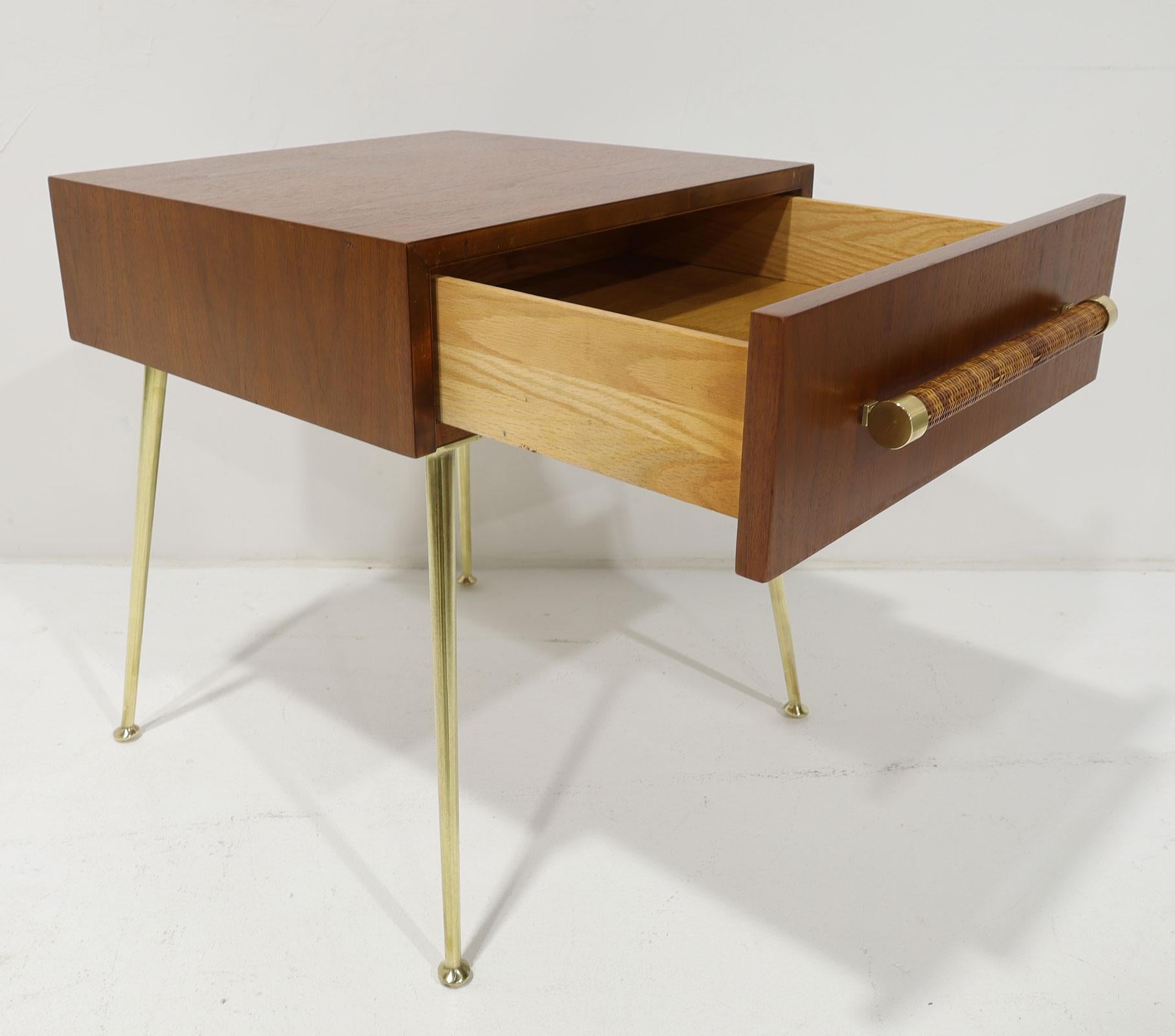 20th Century Robsjohn-Gibbings for Widdicomb Side Table in Walnut, Brass and Cane, 1950s For Sale