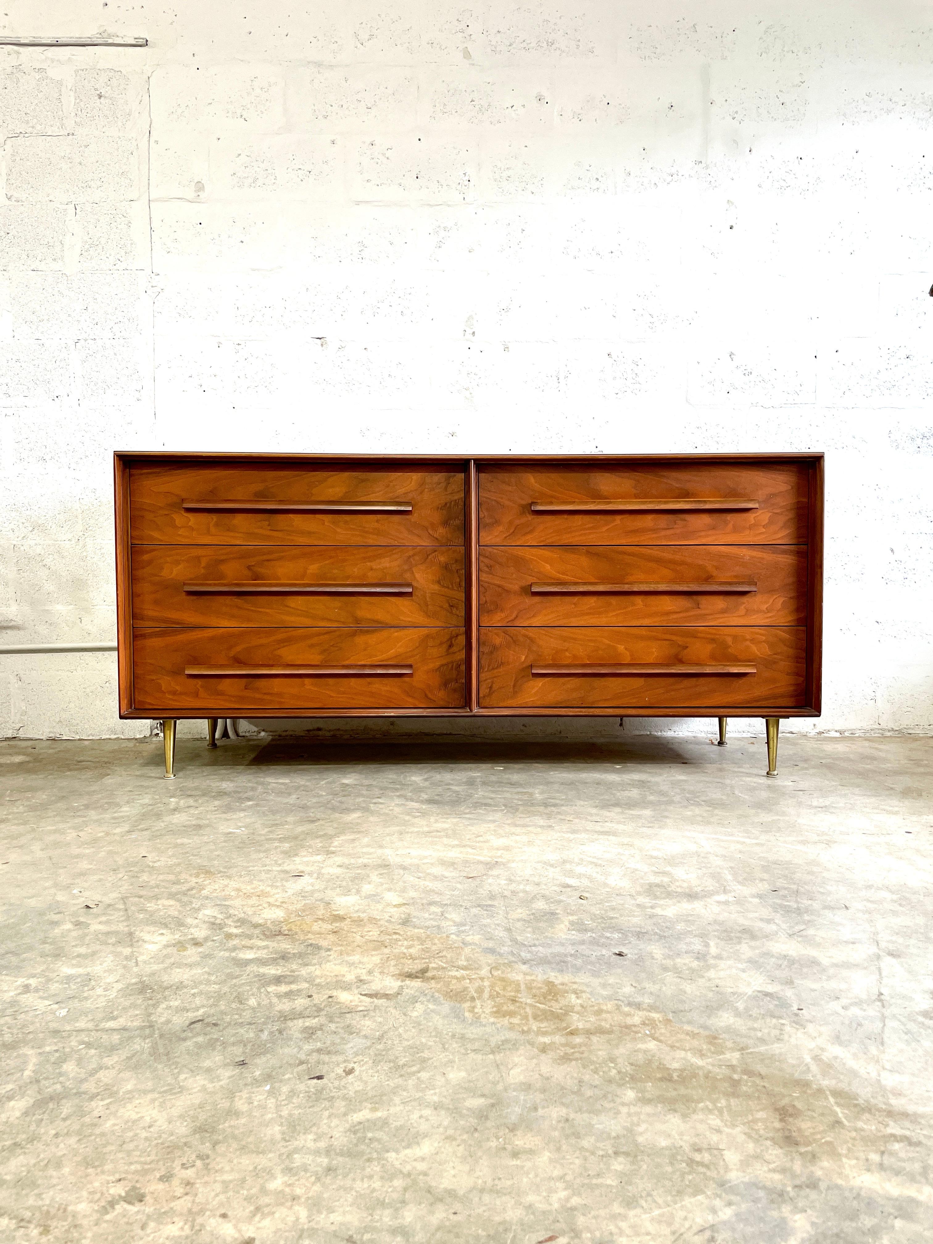 Mid-Century Modern Robsjohn-Gibbings for Widdicomb Walnut Dresser with Brass Legs