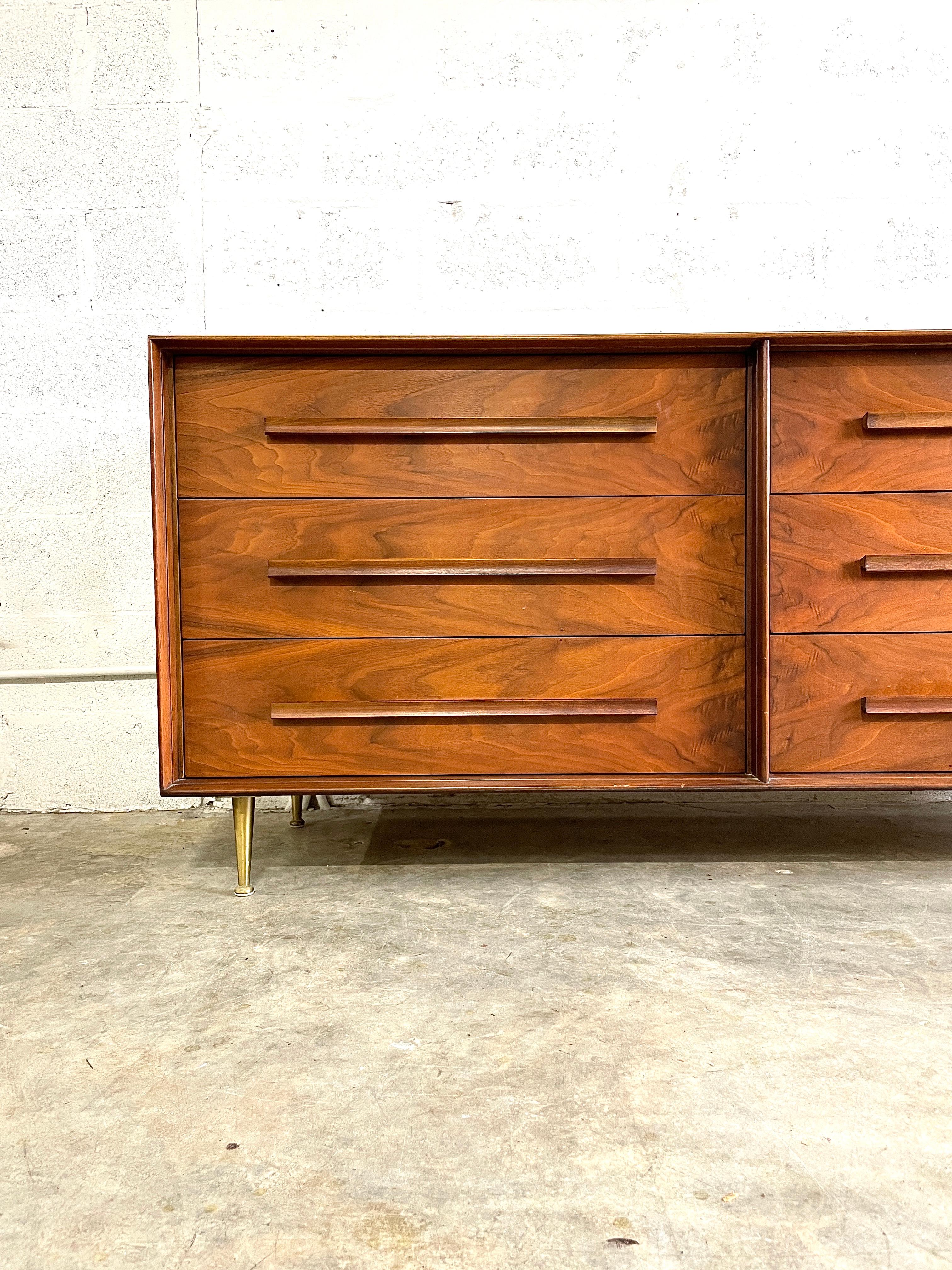 American Robsjohn-Gibbings for Widdicomb Walnut Dresser with Brass Legs