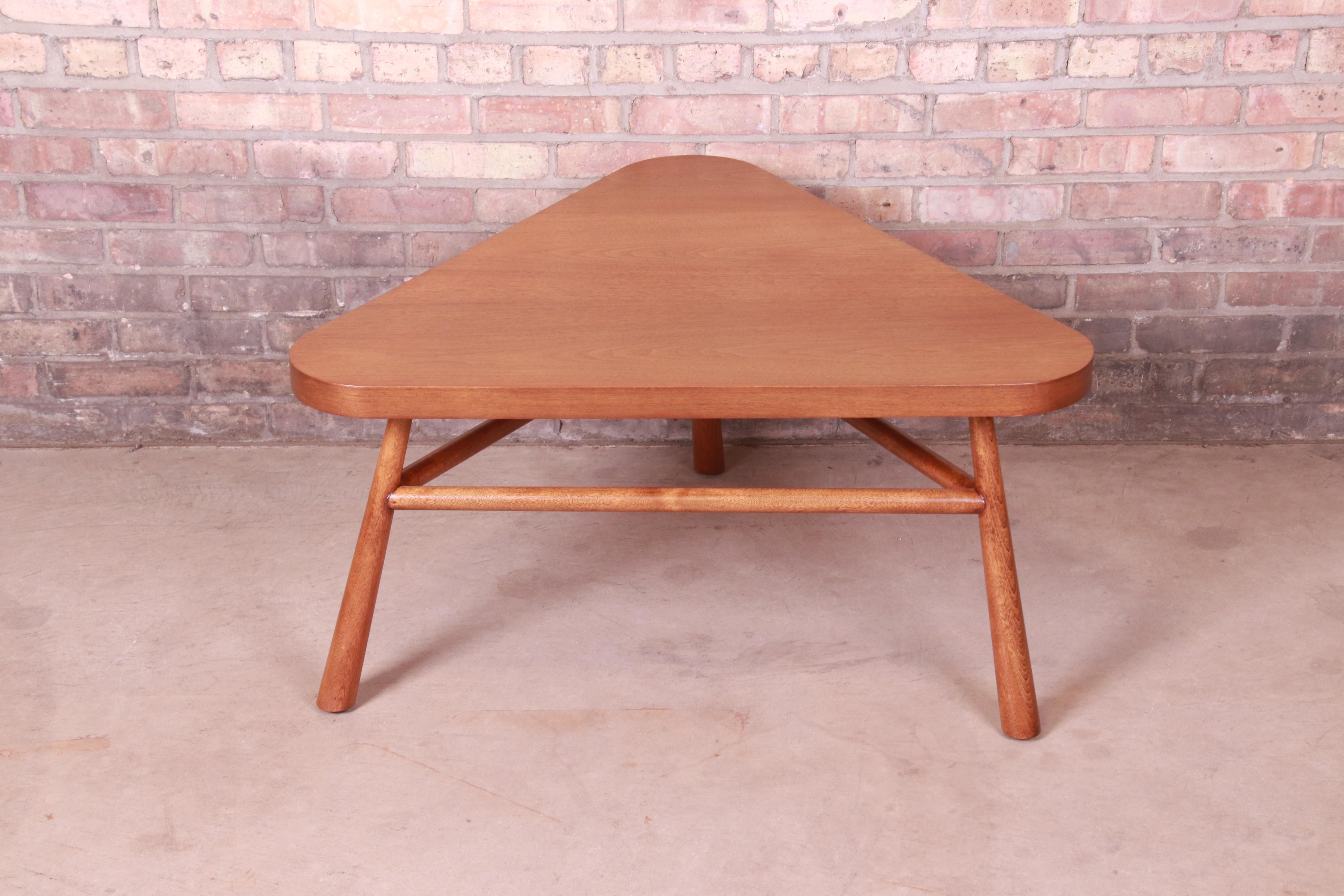 Robsjohn-Gibbings for Widdicomb Walnut Triangular Coffee Table, Newly Refinished For Sale 4